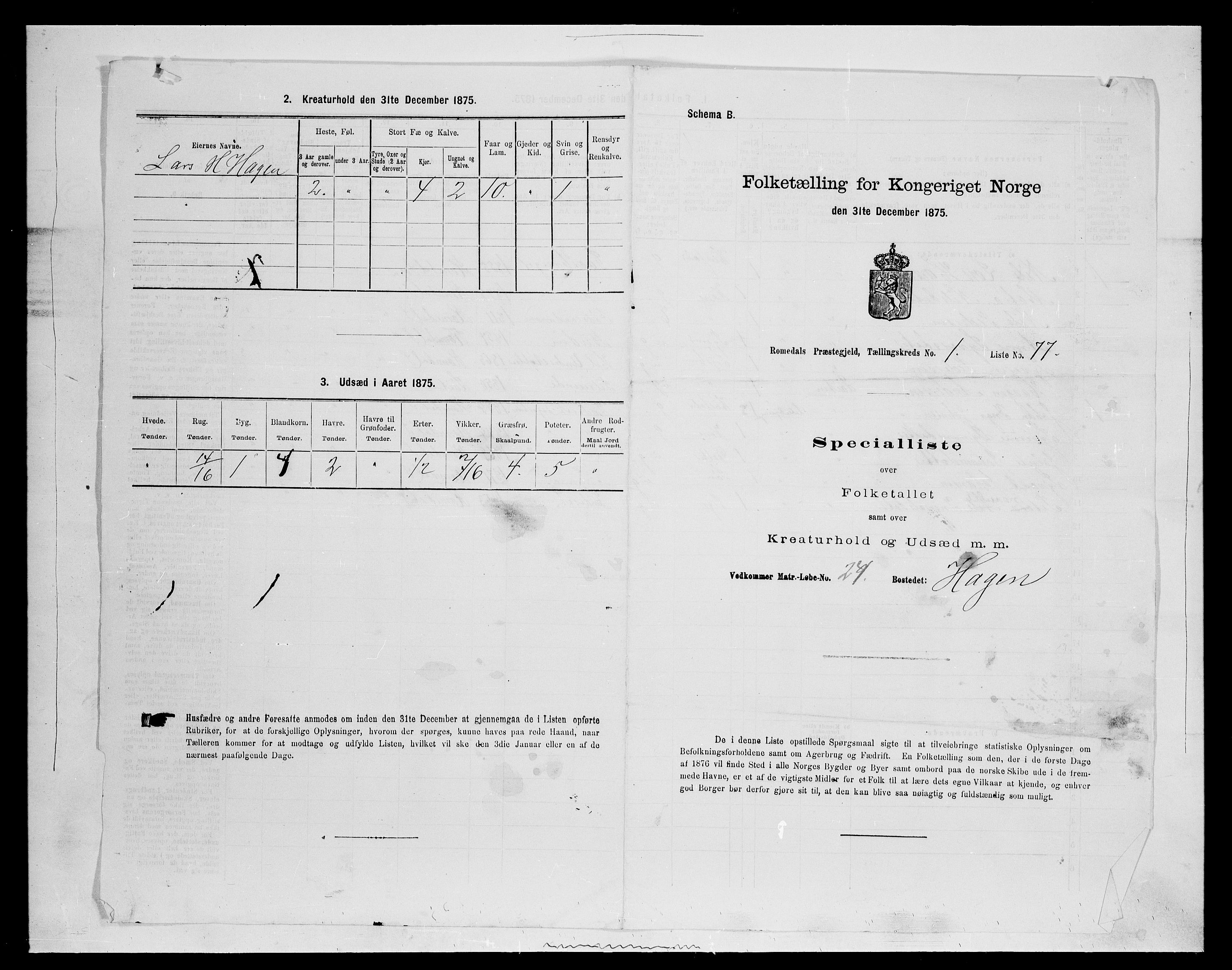 SAH, 1875 census for 0416P Romedal, 1875, p. 273