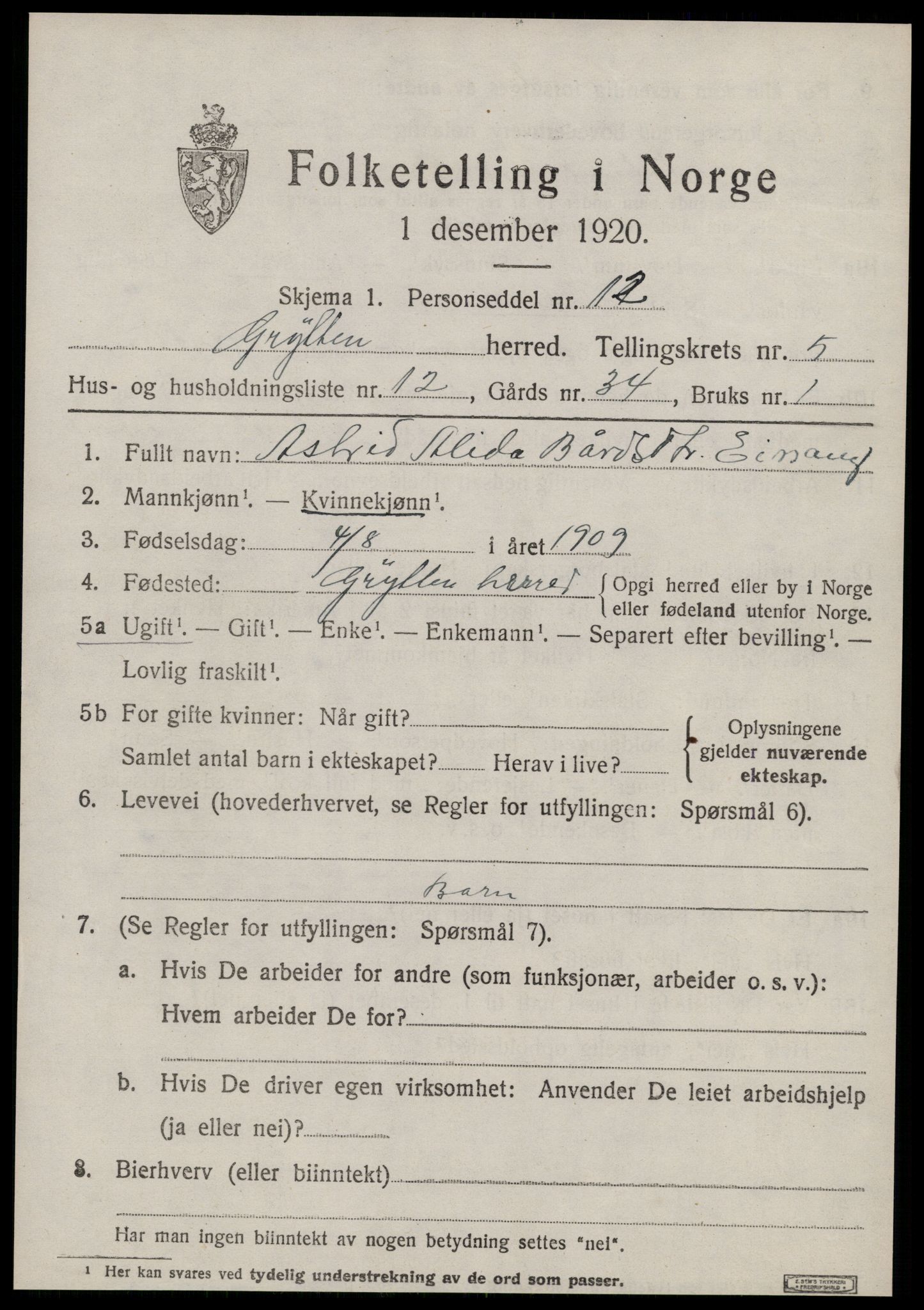 SAT, 1920 census for Grytten, 1920, p. 4088