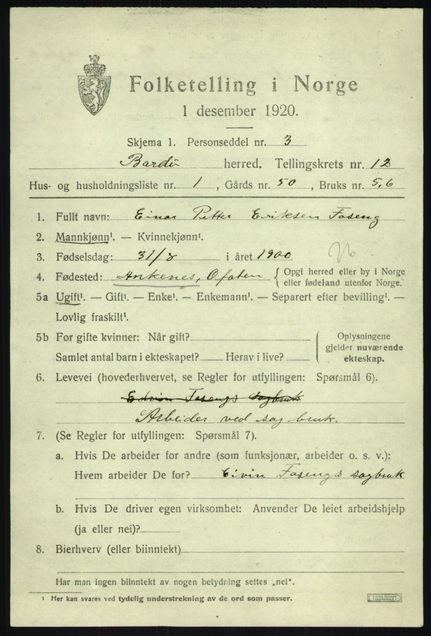 SATØ, 1920 census for Bardu, 1920, p. 3852