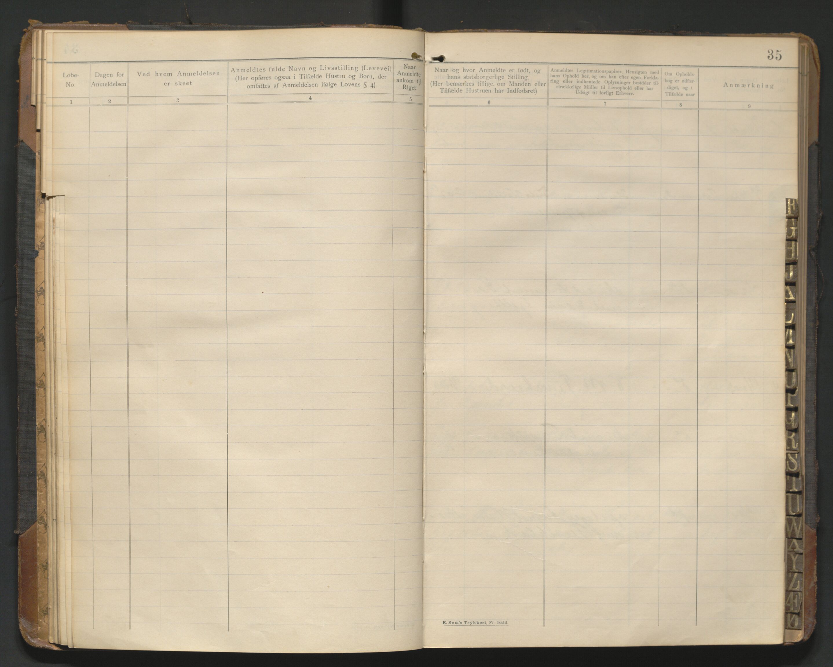 Fredrikstad politikammer, AV/SAO-A-10055/H/Hb/Hba/L0001: Protokoll over fremmede statsborgere, 1901-1916, p. 34b-35a