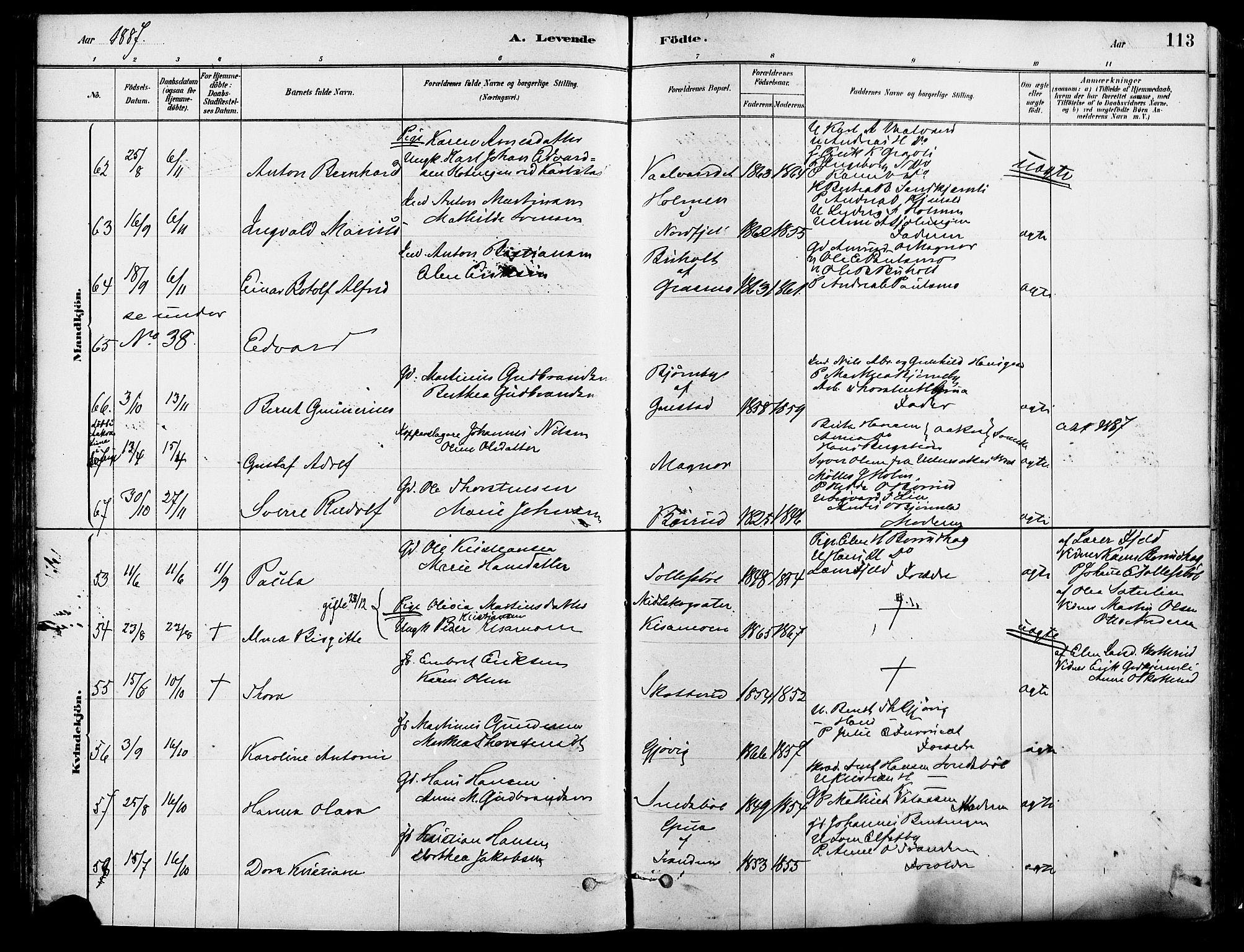 Eidskog prestekontor, SAH/PREST-026/H/Ha/Haa/L0003: Parish register (official) no. 3, 1879-1892, p. 113
