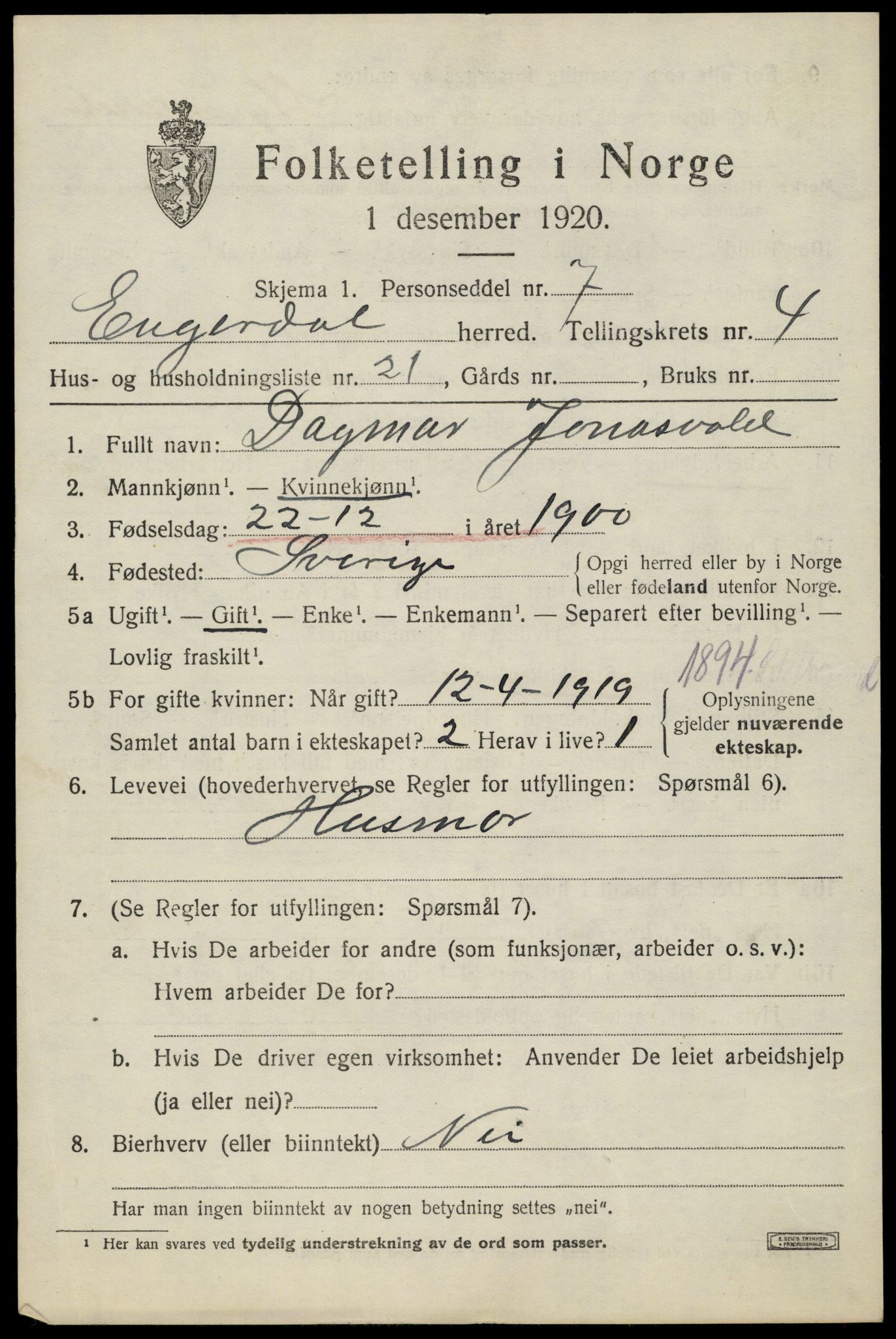 SAH, 1920 census for Engerdal, 1920, p. 2551