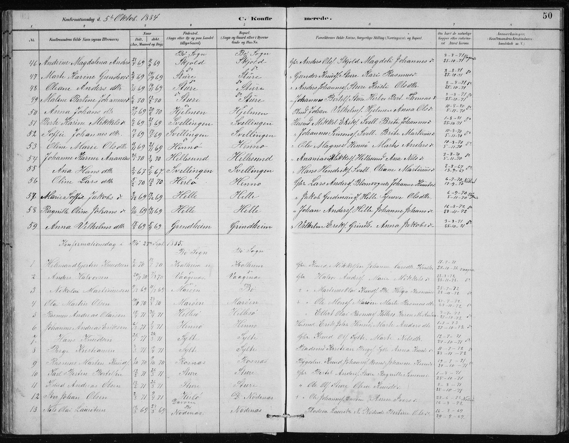 Manger sokneprestembete, AV/SAB-A-76801/H/Hab: Parish register (copy) no. B 2, 1882-1890, p. 50