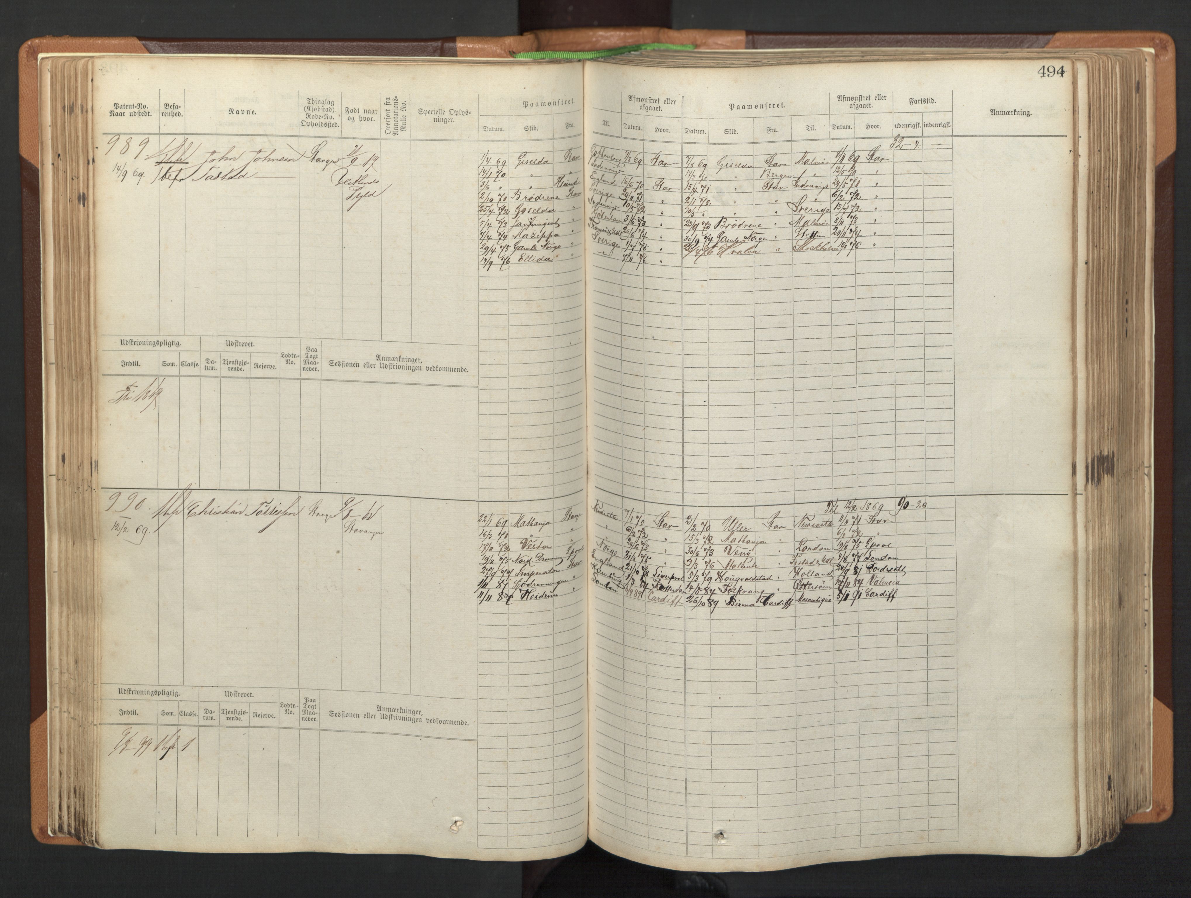 Stavanger sjømannskontor, AV/SAST-A-102006/F/Fb/Fbb/L0005: Sjøfartshovedrulle, patentnr. 793-1606 (del 2), 1869-1880, p. 104