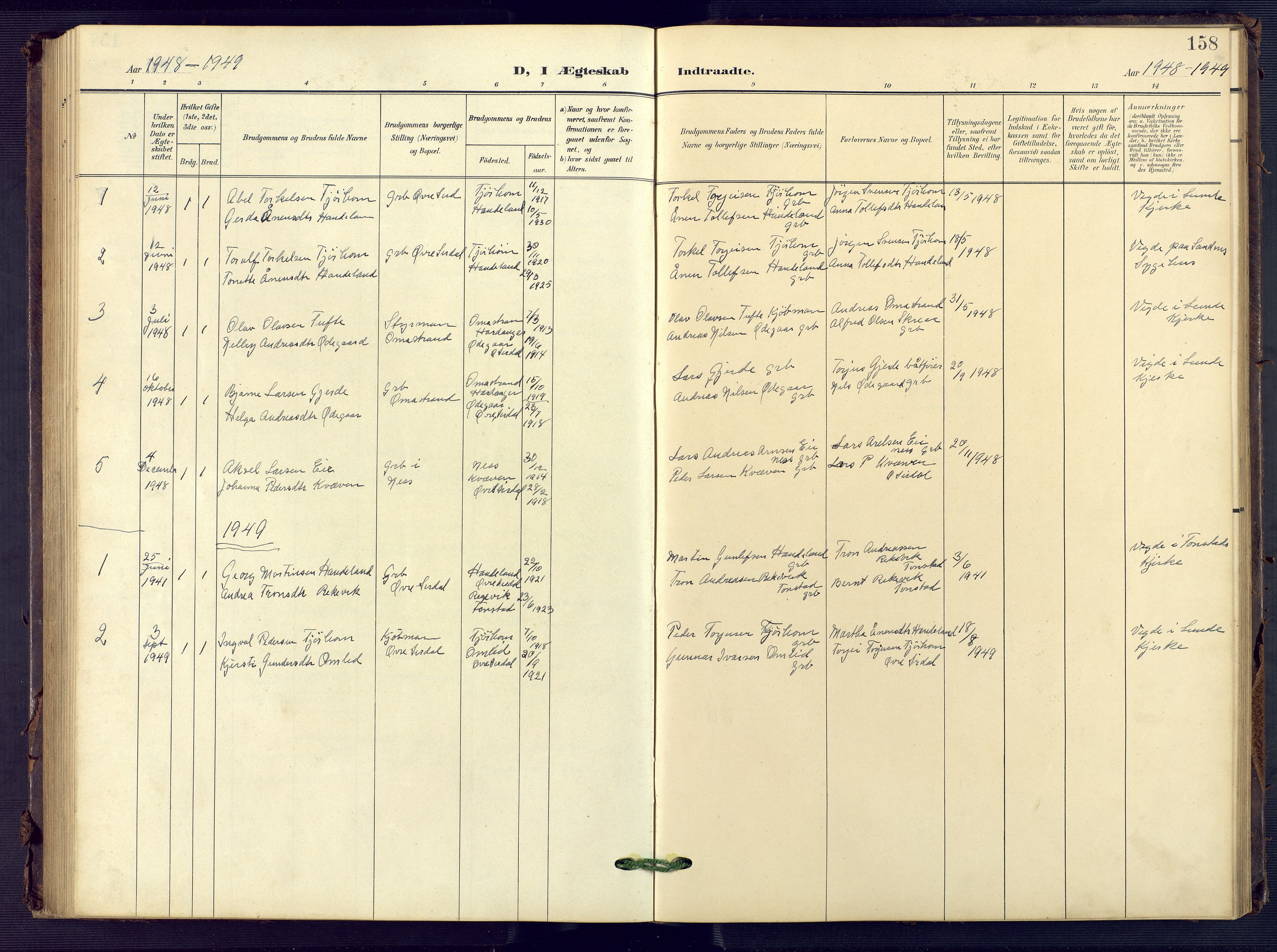 Sirdal sokneprestkontor, AV/SAK-1111-0036/F/Fb/Fba/L0002: Parish register (copy) no. B 2, 1905-1958, p. 158