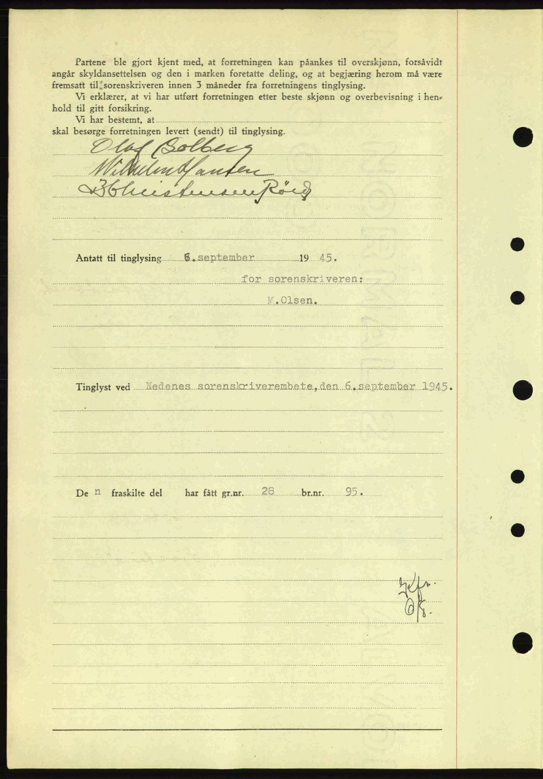 Nedenes sorenskriveri, AV/SAK-1221-0006/G/Gb/Gba/L0052: Mortgage book no. A6a, 1944-1945, Diary no: : 643/1945