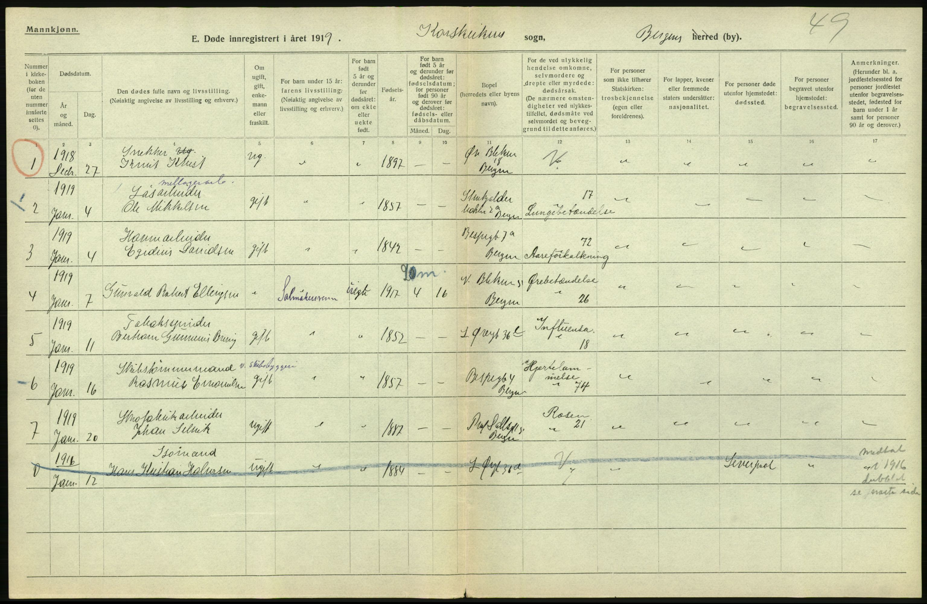 Statistisk sentralbyrå, Sosiodemografiske emner, Befolkning, AV/RA-S-2228/D/Df/Dfb/Dfbi/L0035: Bergen: Gifte, døde, dødfødte., 1919, p. 652