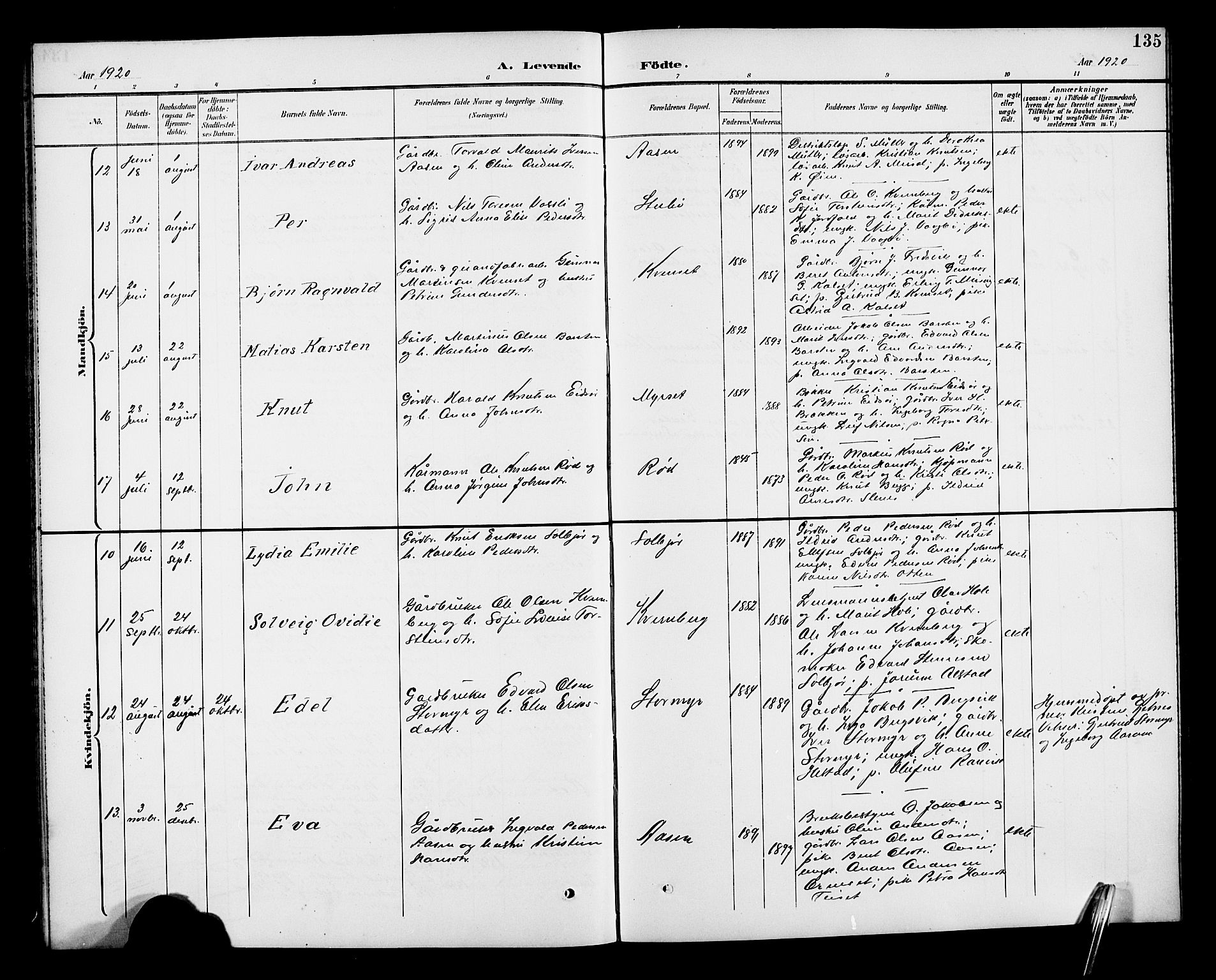 Ministerialprotokoller, klokkerbøker og fødselsregistre - Møre og Romsdal, SAT/A-1454/551/L0632: Parish register (copy) no. 551C04, 1894-1920, p. 135