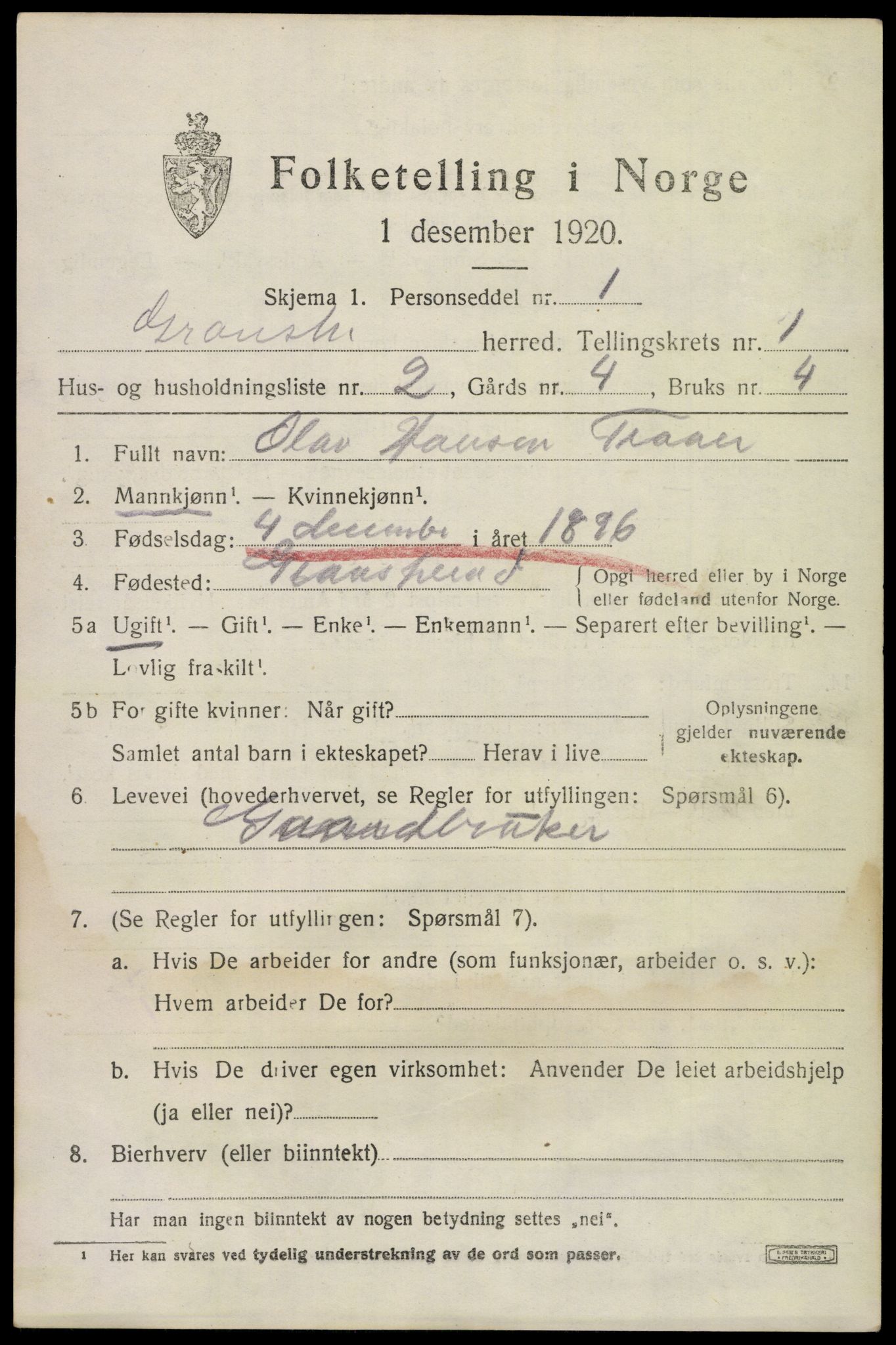 SAKO, 1920 census for Gransherad, 1920, p. 540