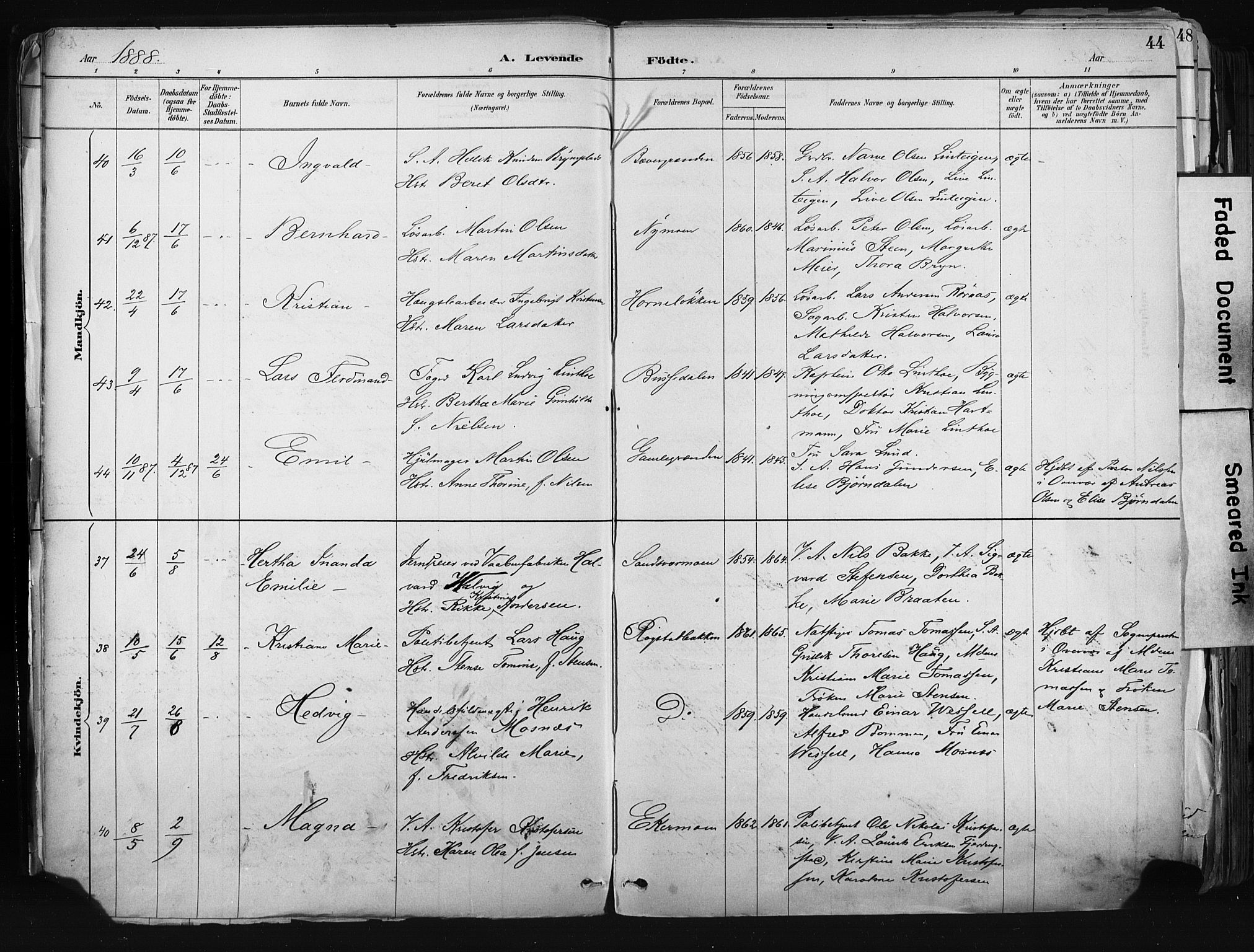 Kongsberg kirkebøker, AV/SAKO-A-22/F/Fb/L0002: Parish register (official) no. II 2, 1886-1896, p. 44