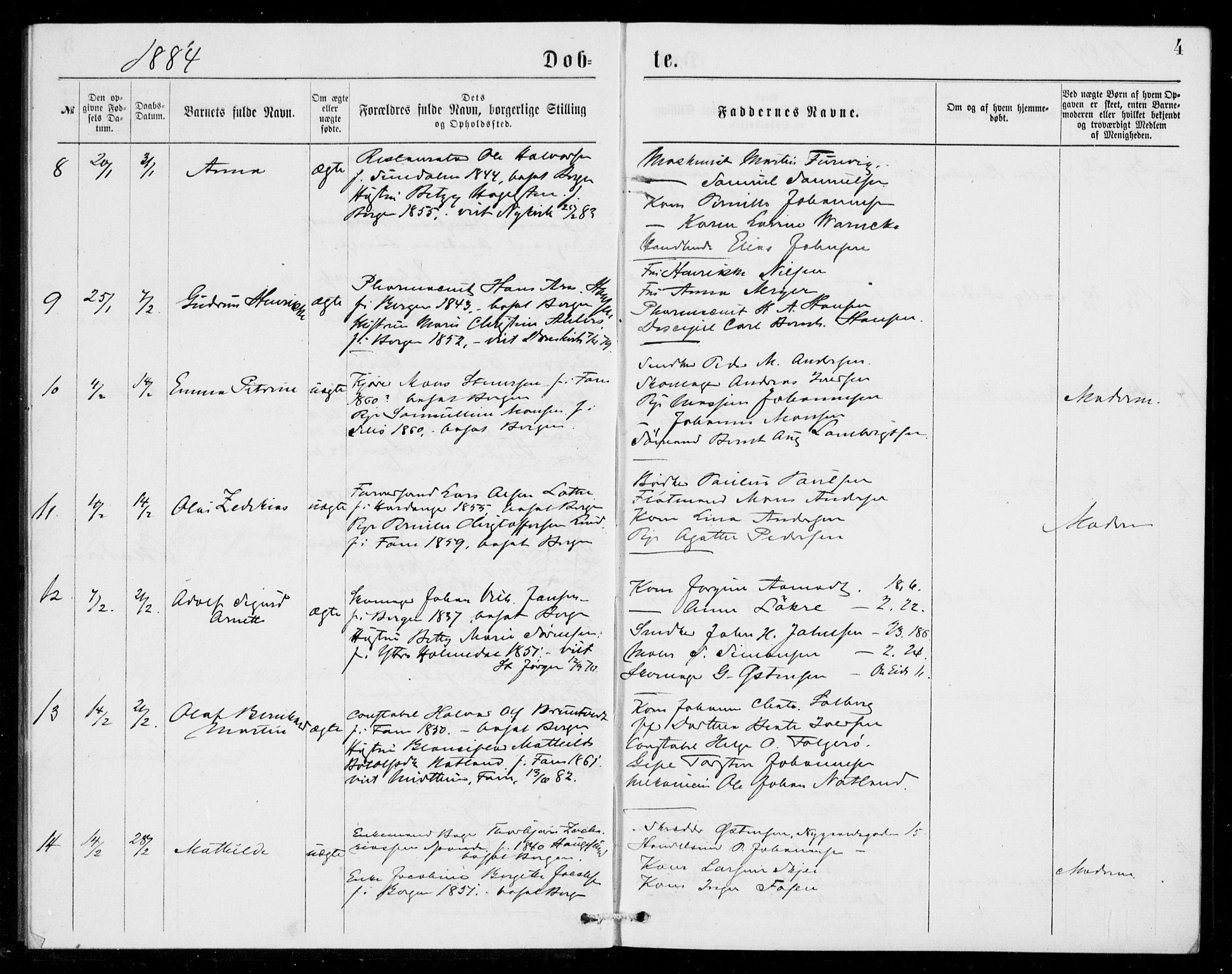 Fødselsstiftelsens sokneprestembete, ført av overlegen*, SAB/-: Parish register (official) no. A 2, 1884-1900, p. 4