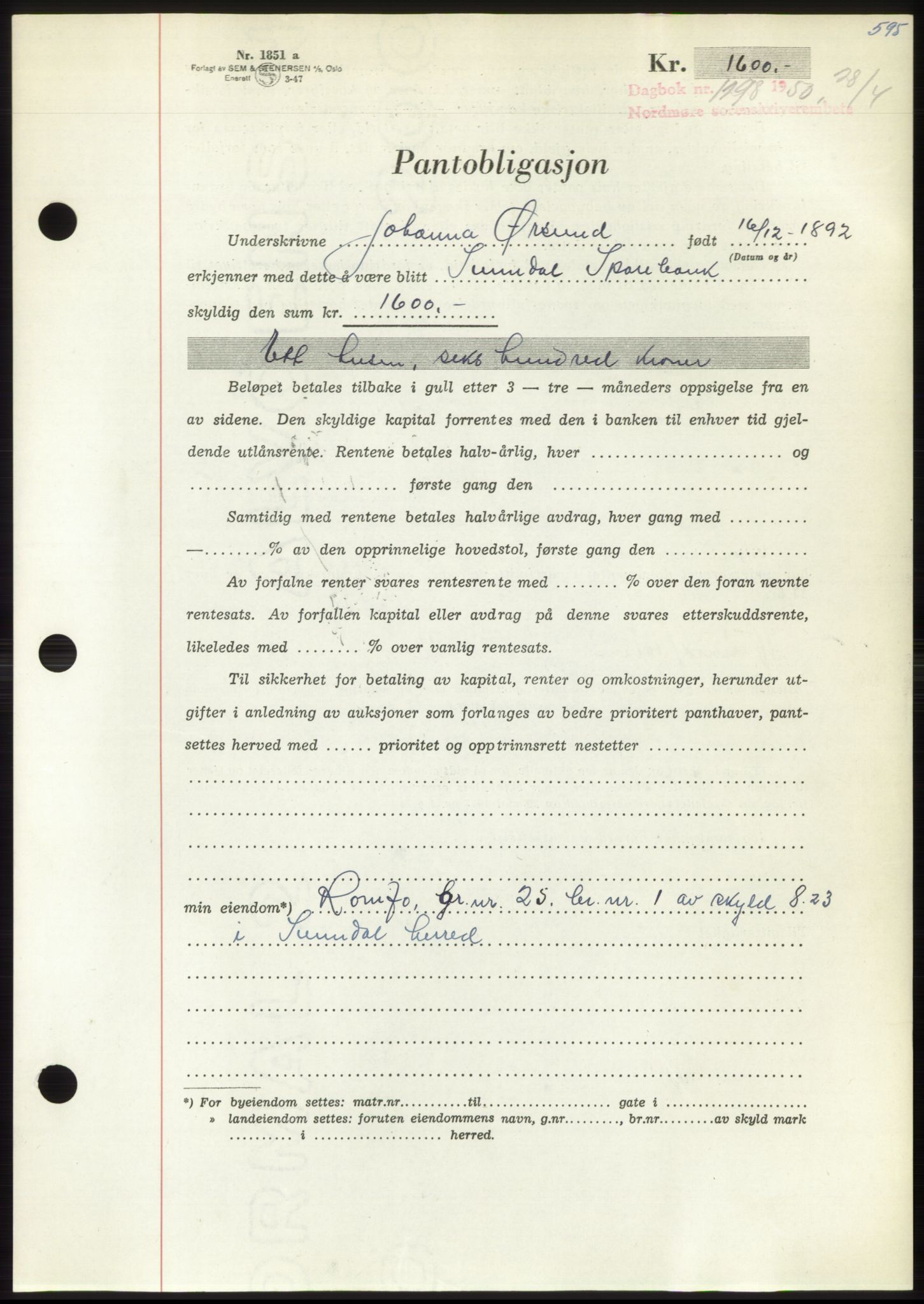 Nordmøre sorenskriveri, AV/SAT-A-4132/1/2/2Ca: Mortgage book no. B104, 1950-1950, Diary no: : 1298/1950