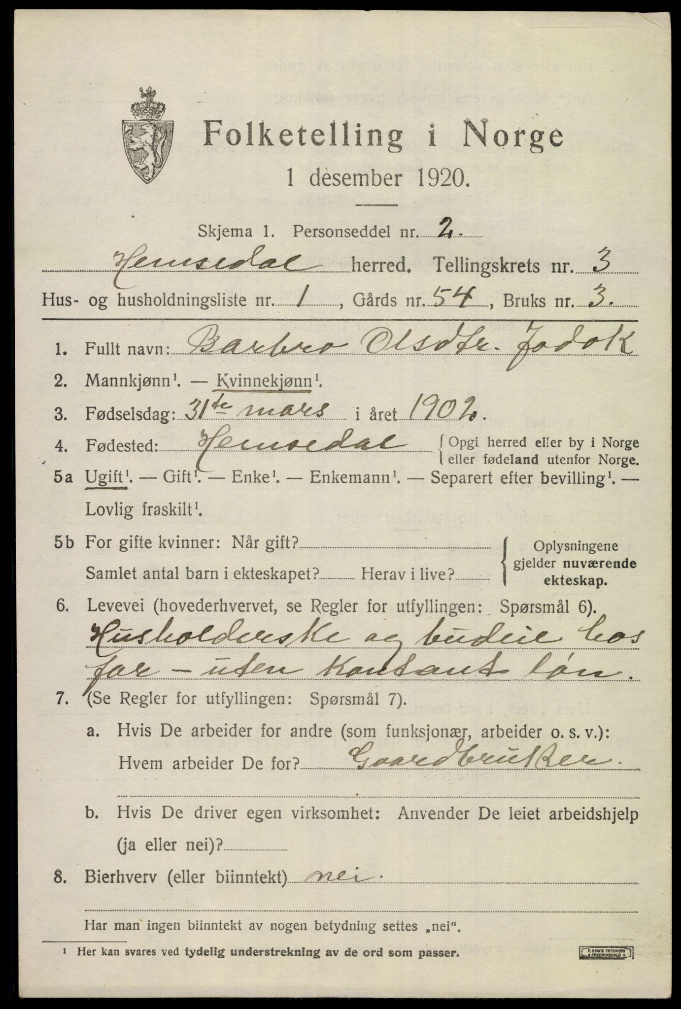 SAKO, 1920 census for Hemsedal, 1920, p. 988