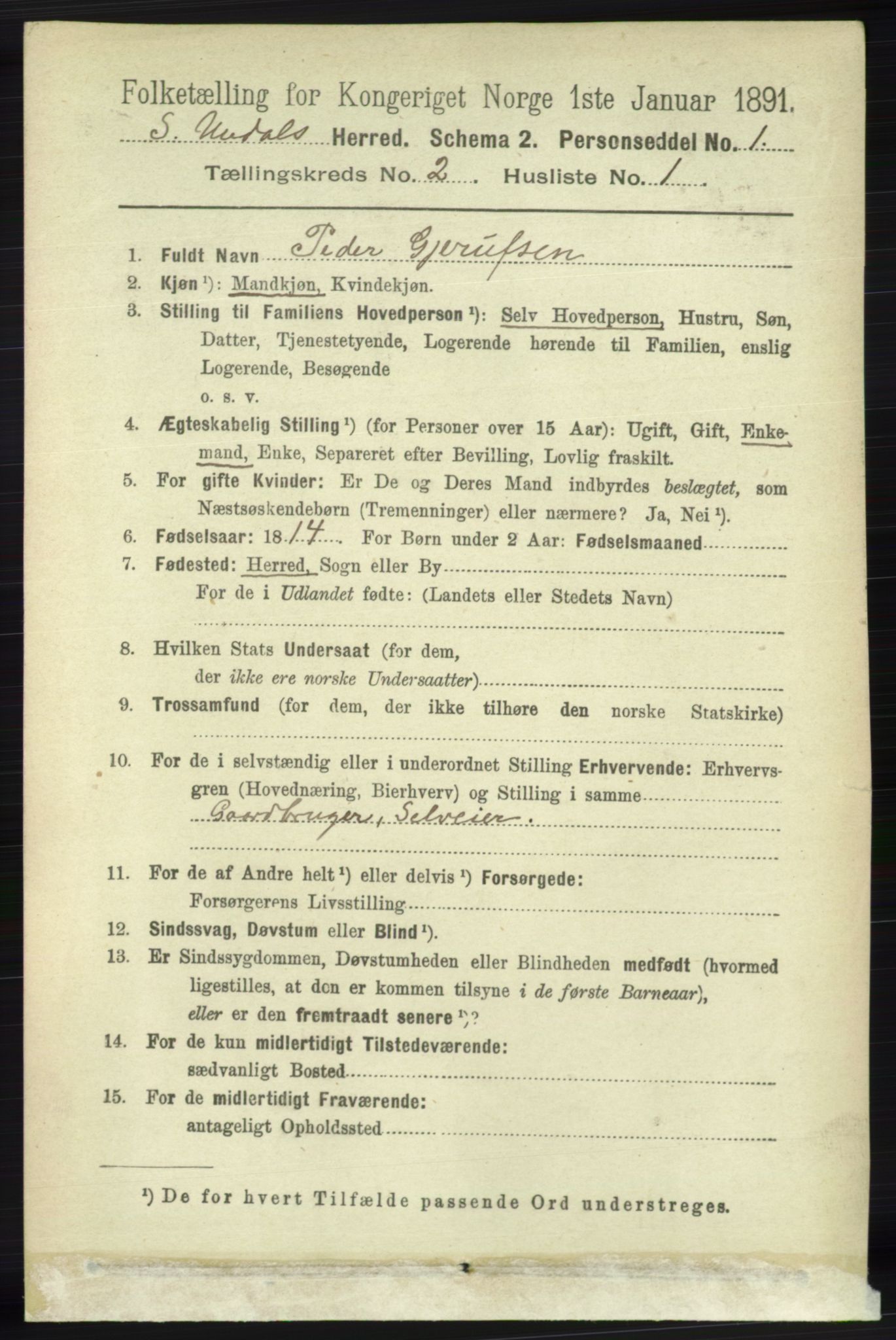 RA, 1891 census for 1029 Sør-Audnedal, 1891, p. 407