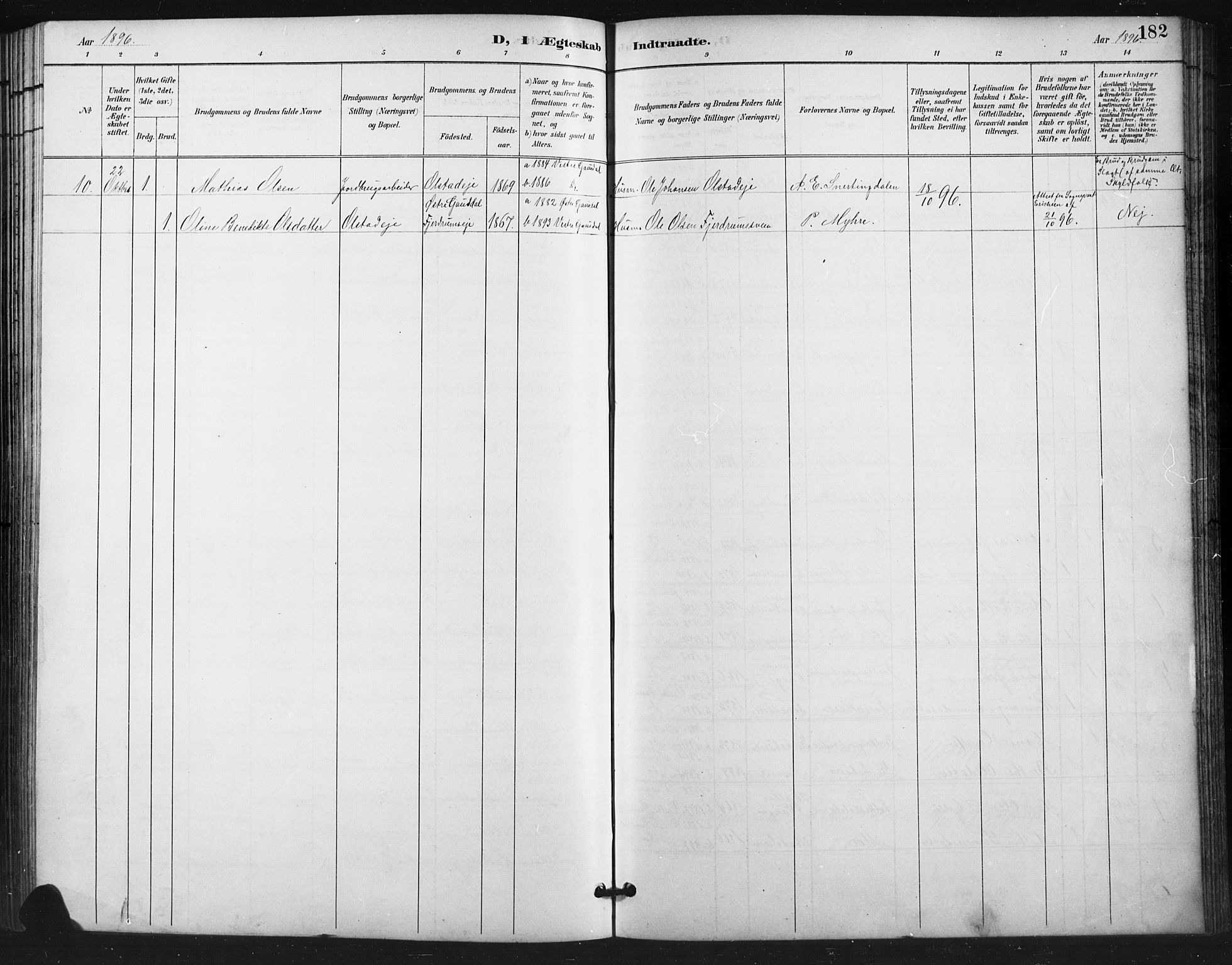 Vestre Gausdal prestekontor, SAH/PREST-094/H/Ha/Hab/L0003: Parish register (copy) no. 3, 1896-1925, p. 182