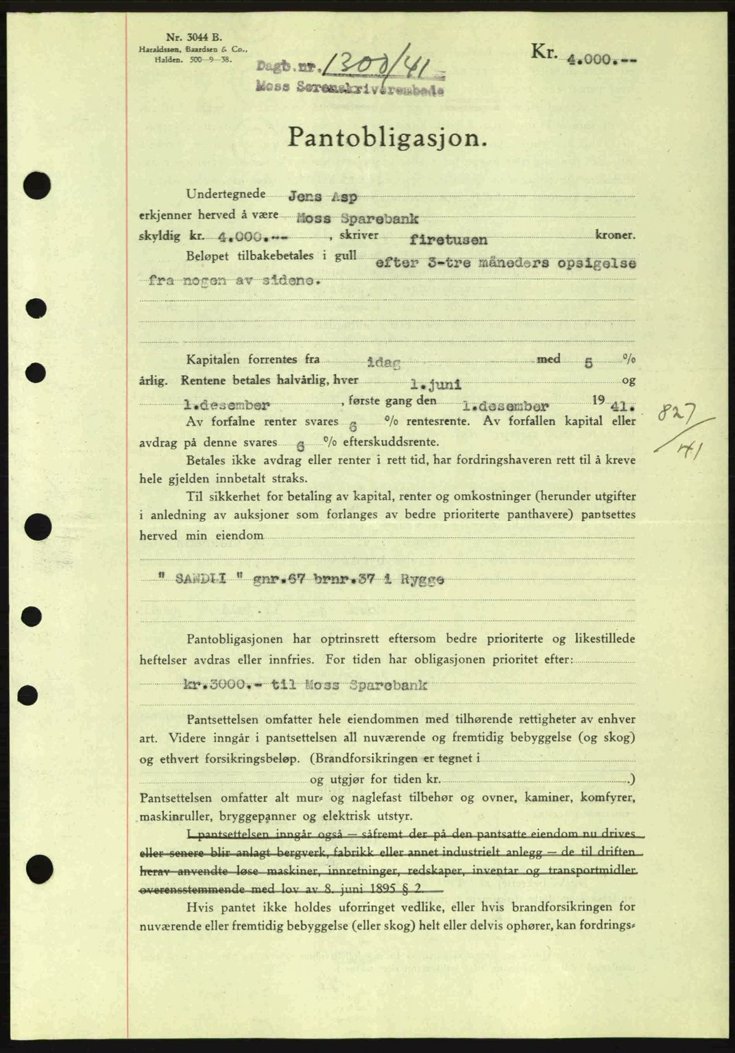 Moss sorenskriveri, SAO/A-10168: Mortgage book no. B10, 1940-1941, Diary no: : 1300/1941