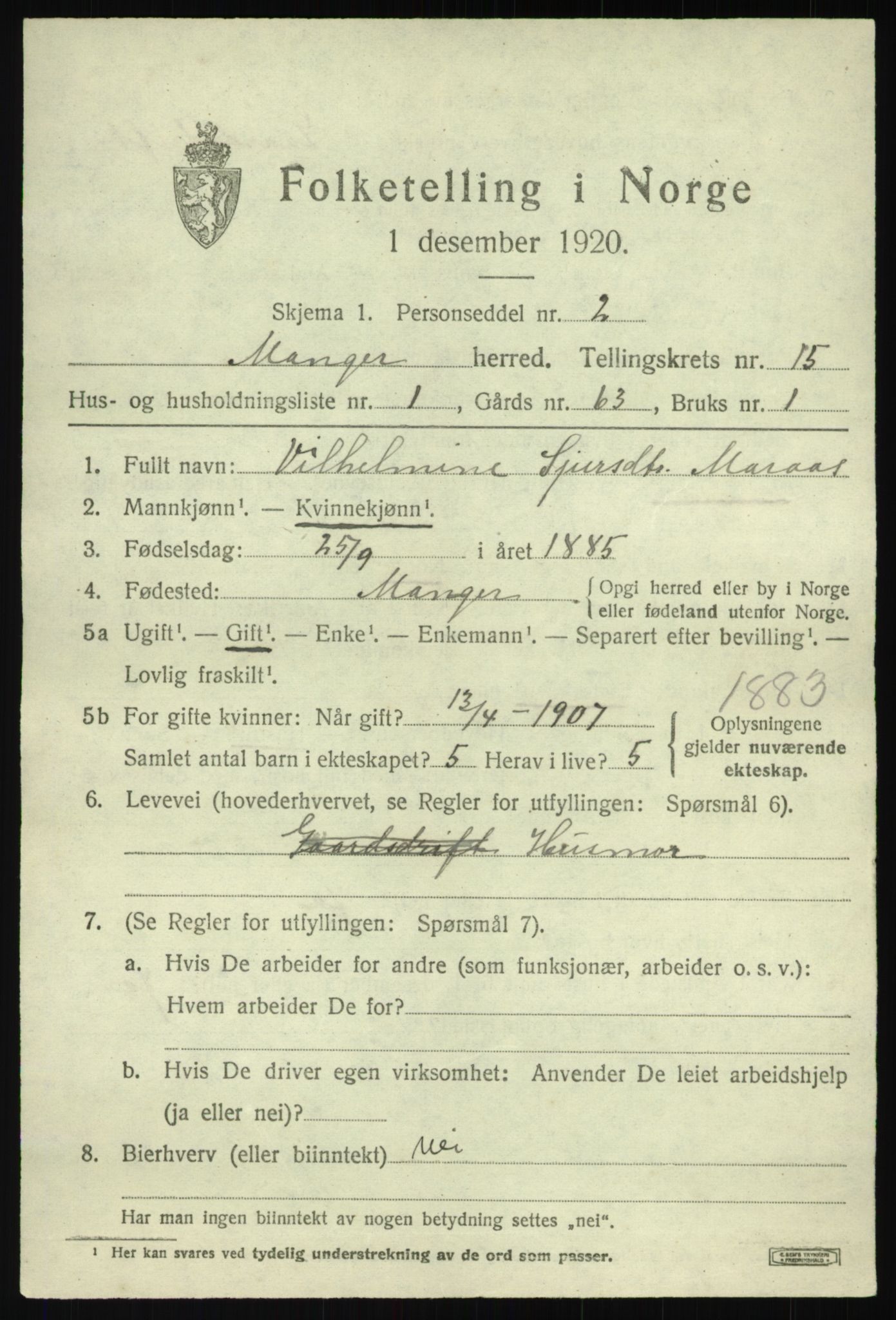 SAB, 1920 census for Manger, 1920, p. 8446