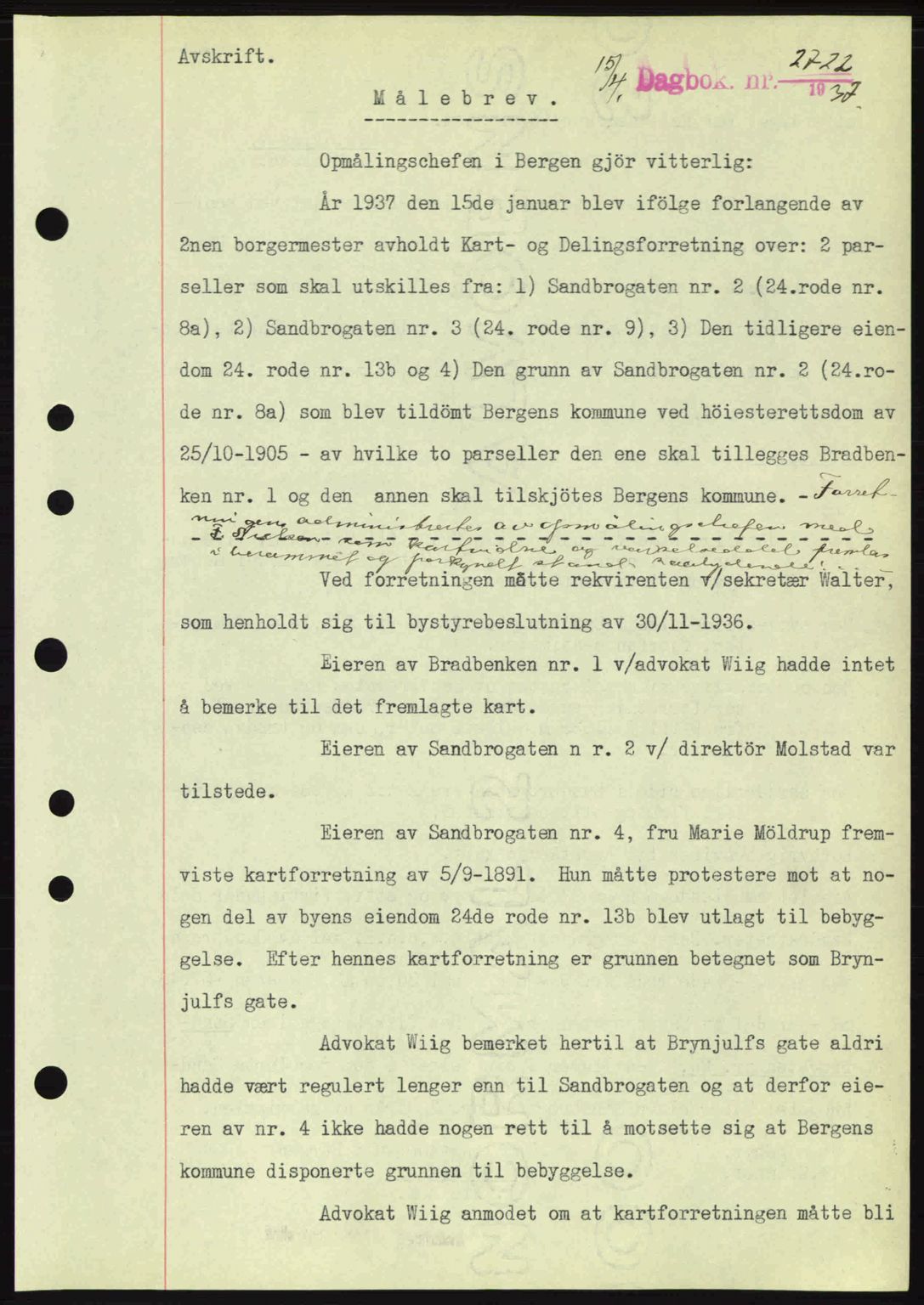 Byfogd og Byskriver i Bergen, SAB/A-3401/03/03Bc/L0004: Mortgage book no. A3-4, 1936-1937, Diary no: : 2722/1937
