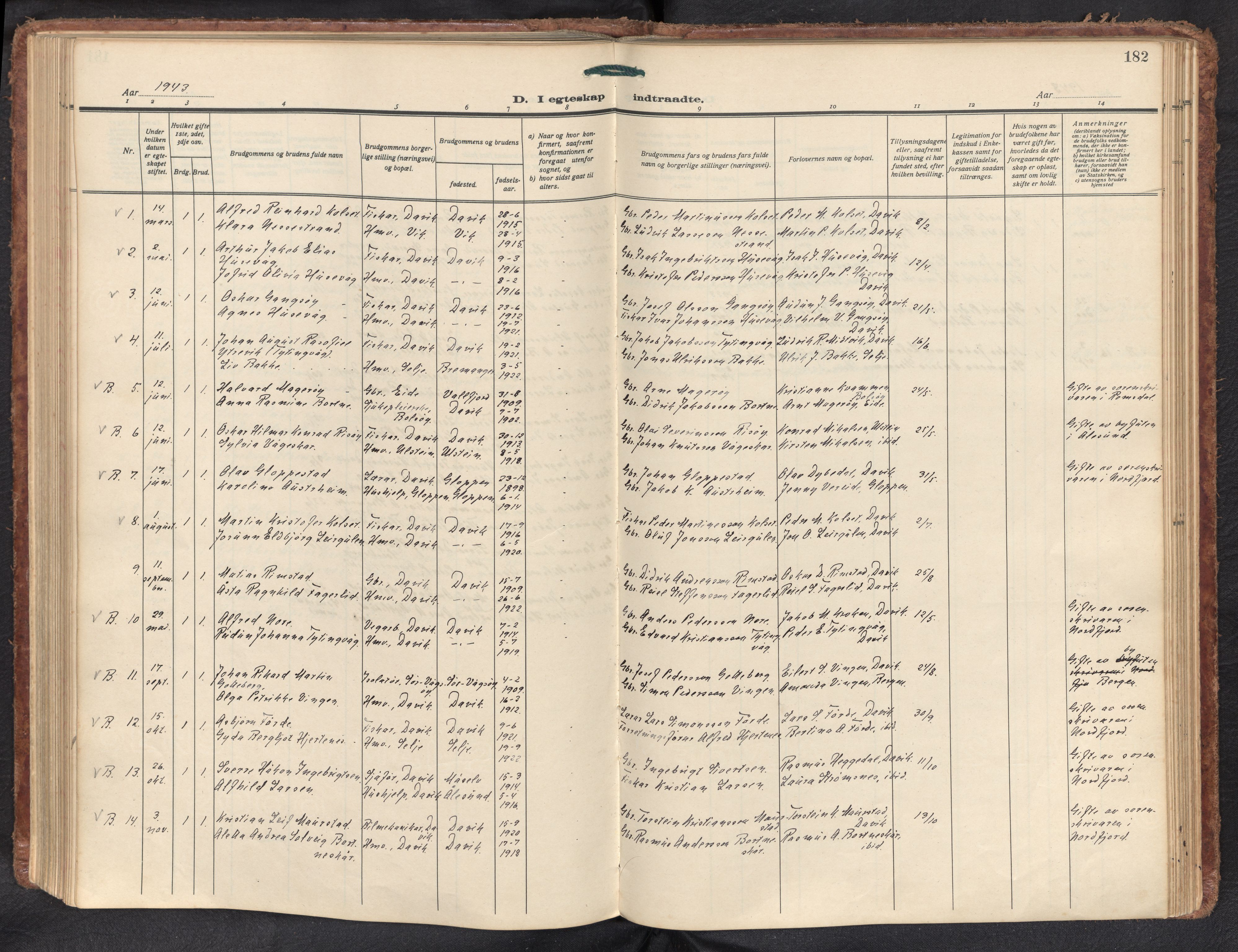 Davik sokneprestembete, AV/SAB-A-79701/H/Haa/Haad/L0003: Parish register (official) no. D 3, 1931-1952, p. 181b-182a