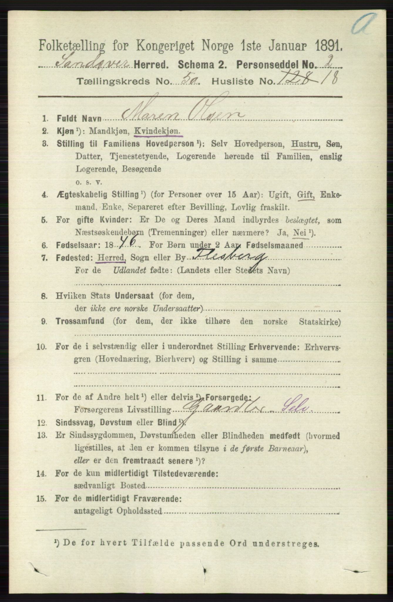 RA, 1891 census for 0629 Sandsvær, 1891, p. 2584