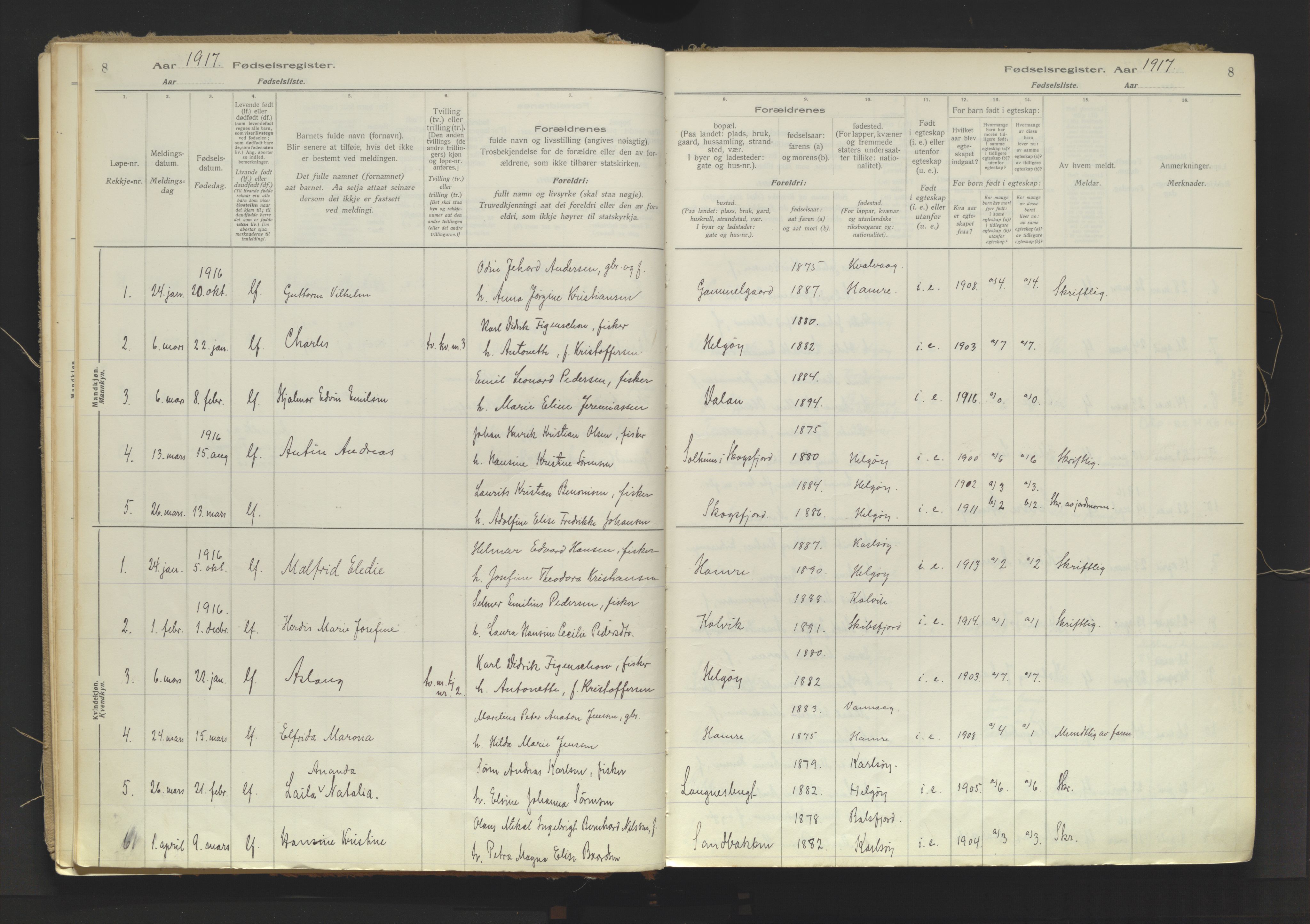 Karlsøy sokneprestembete, AV/SATØ-S-1299/I/Ic/L0067: Birth register no. 67, 1916-1958, p. 8