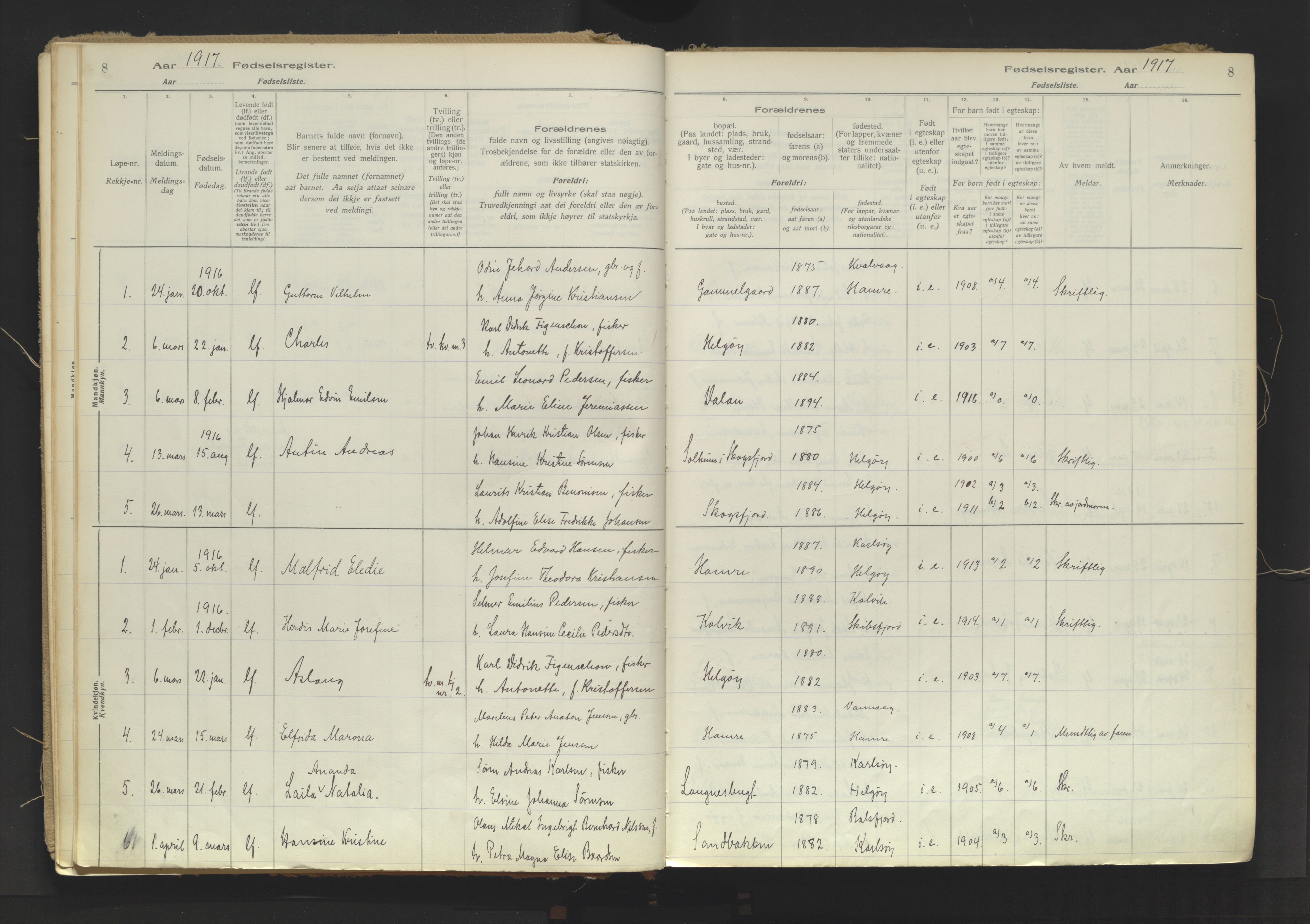 Karlsøy sokneprestembete, SATØ/S-1299/I/Ic/L0067: Birth register no. 67, 1916-1958, p. 8