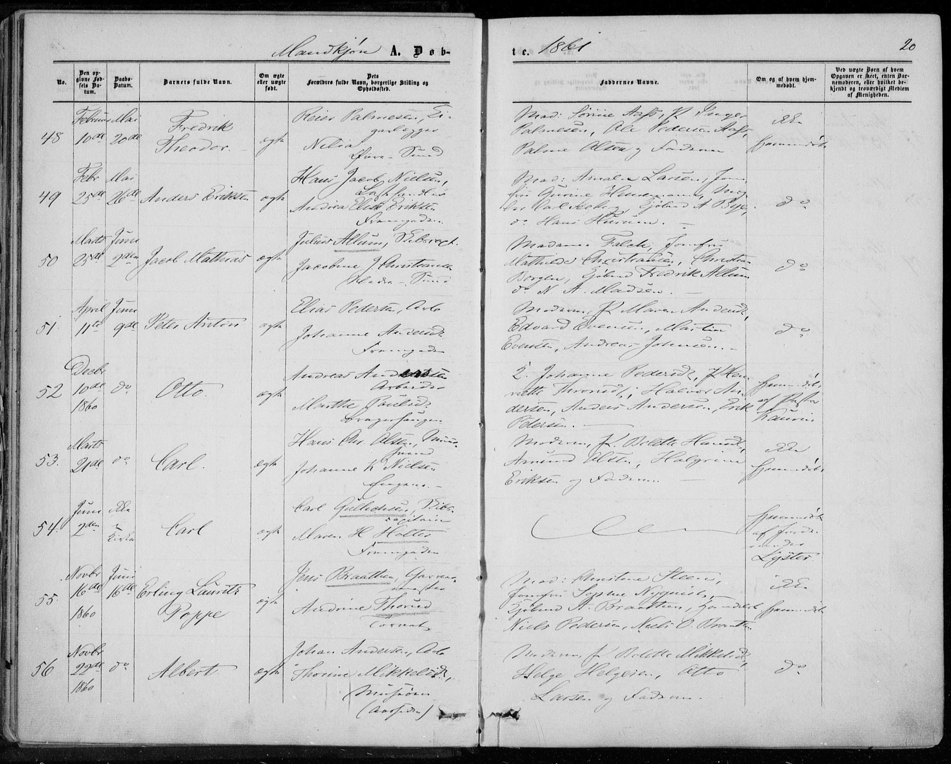 Bragernes kirkebøker, SAKO/A-6/F/Fb/L0003: Parish register (official) no. II 3, 1860-1868, p. 20