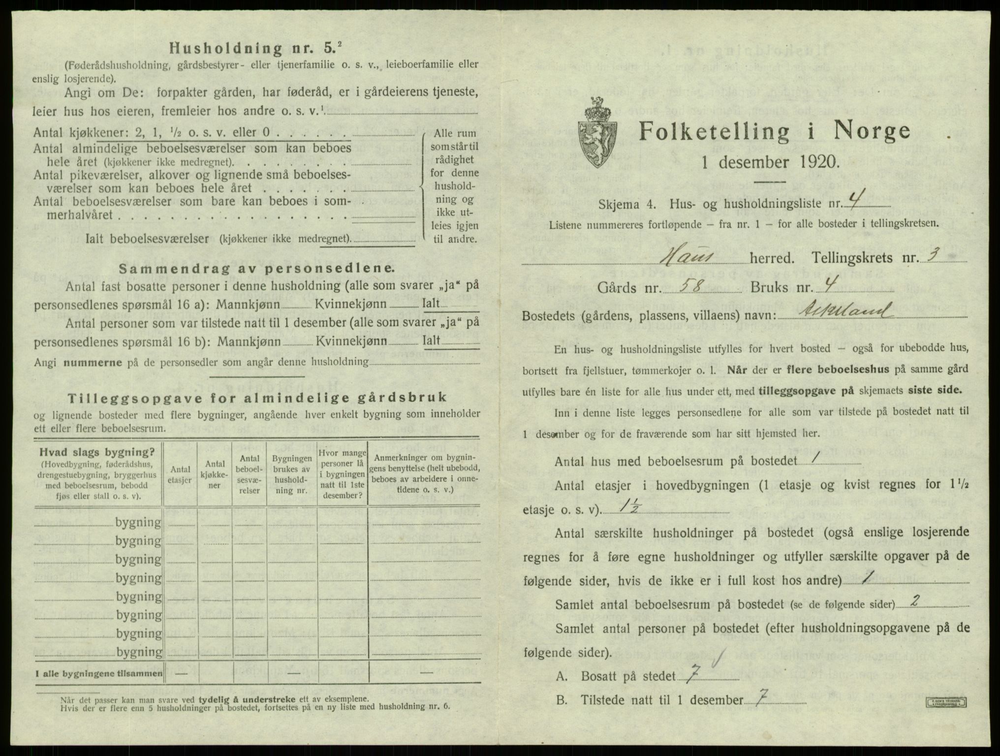 SAB, 1920 census for Haus, 1920, p. 199