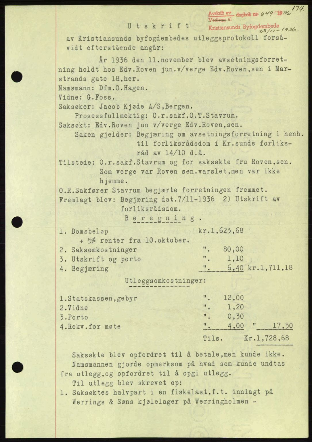 Kristiansund byfogd, AV/SAT-A-4587/A/27: Mortgage book no. 29, 1936-1937, Diary no: : 649/1936