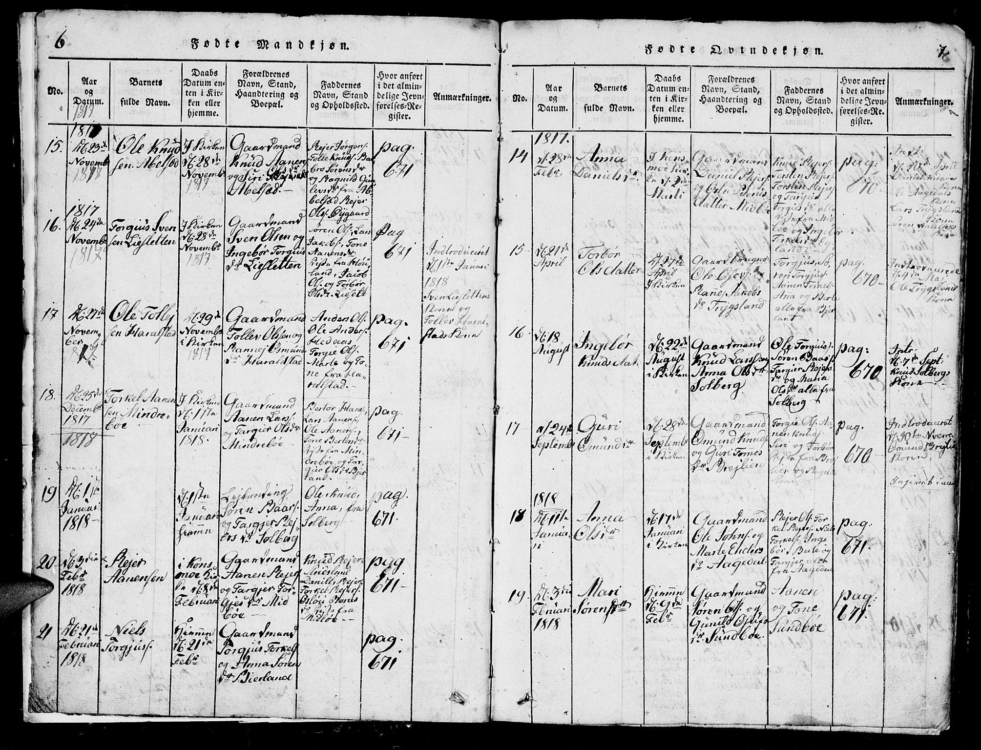 Bjelland sokneprestkontor, AV/SAK-1111-0005/F/Fb/Fba/L0003: Parish register (copy) no. B 3, 1816-1870, p. 6-7