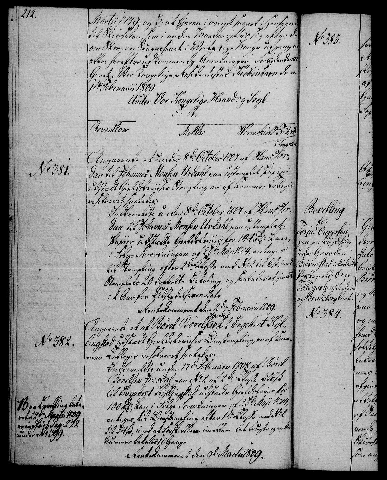 Rentekammeret, Kammerkanselliet, RA/EA-3111/G/Gg/Gga/L0019: Norsk ekspedisjonsprotokoll med register (merket RK 53.19), 1807-1810, p. 212