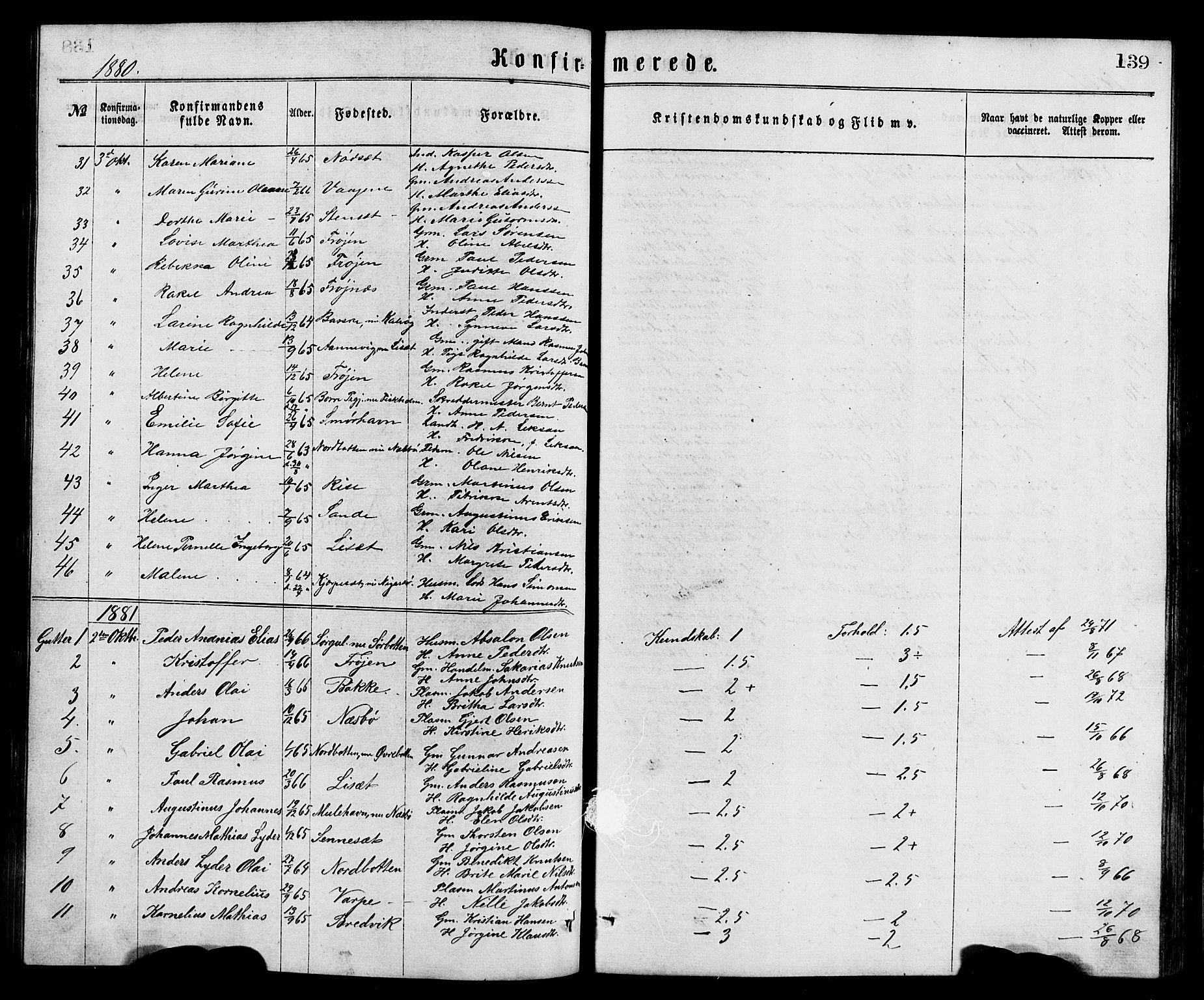 Bremanger sokneprestembete, SAB/A-82201/H/Hab/Haba/L0002: Parish register (copy) no. A 2, 1866-1889, p. 139