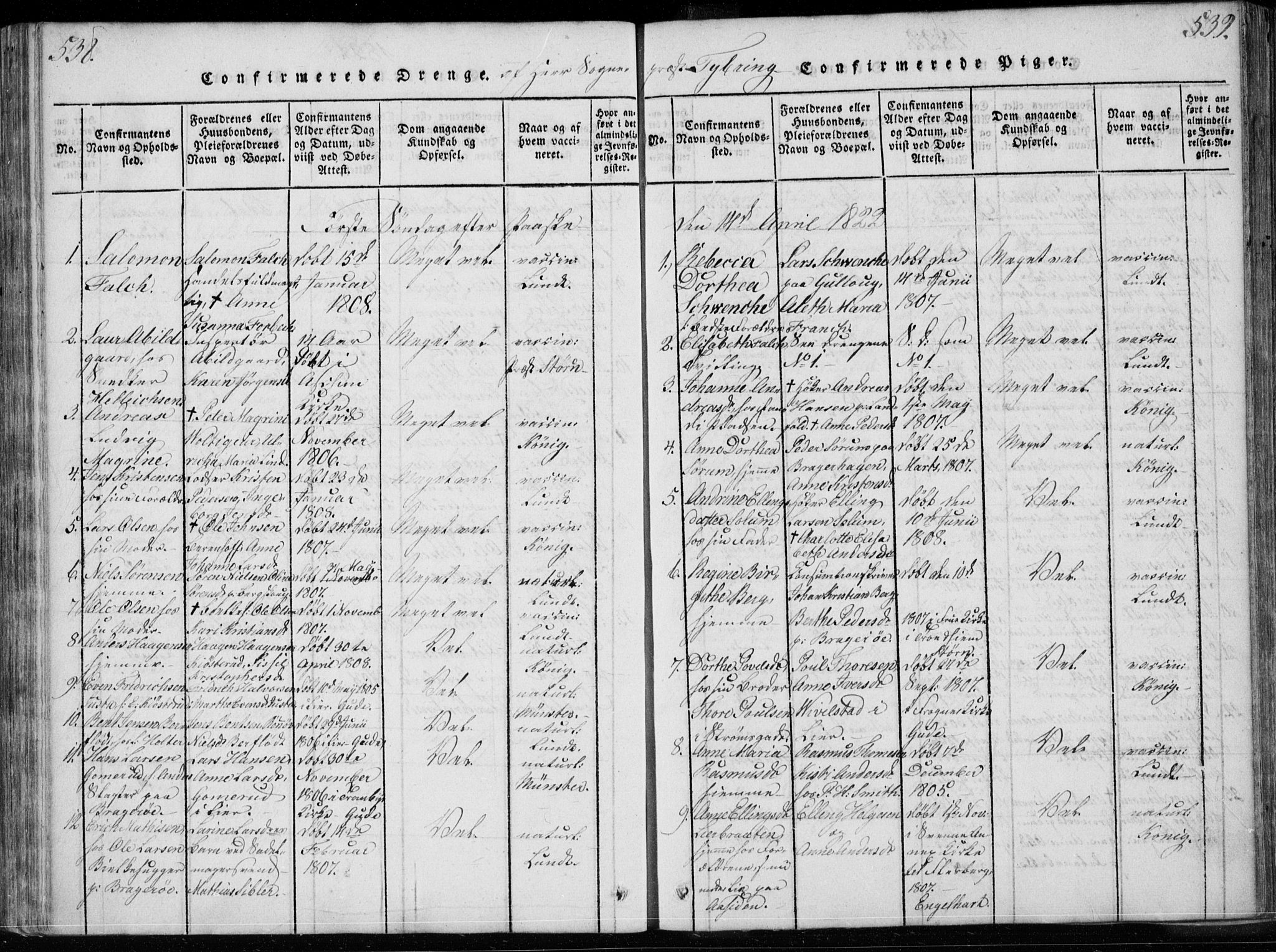 Bragernes kirkebøker, AV/SAKO-A-6/F/Fa/L0007: Parish register (official) no. I 7, 1815-1829, p. 538-539