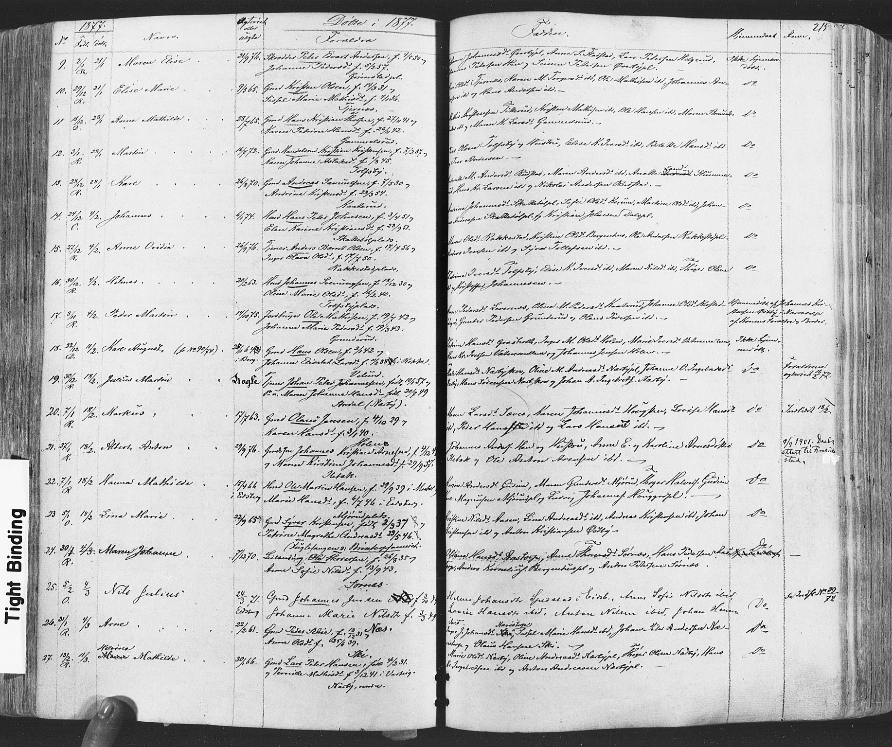 Rakkestad prestekontor Kirkebøker, AV/SAO-A-2008/F/Fa/L0011: Parish register (official) no. I 11, 1862-1877, p. 215