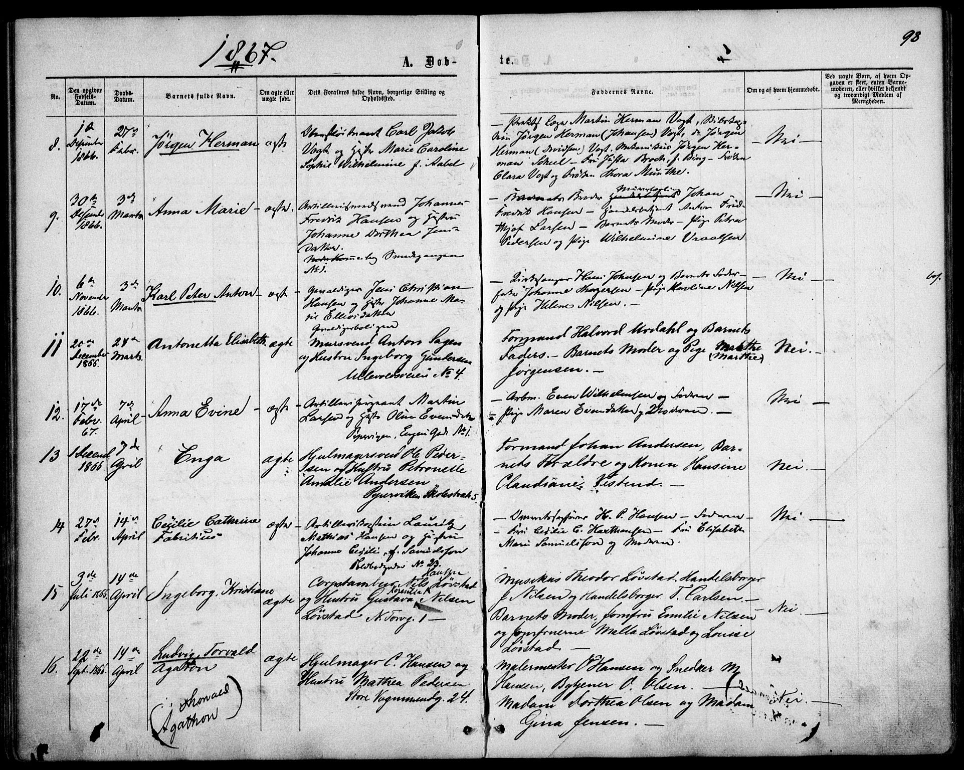 Garnisonsmenigheten Kirkebøker, AV/SAO-A-10846/F/Fa/L0010: Parish register (official) no. 10, 1859-1869, p. 98