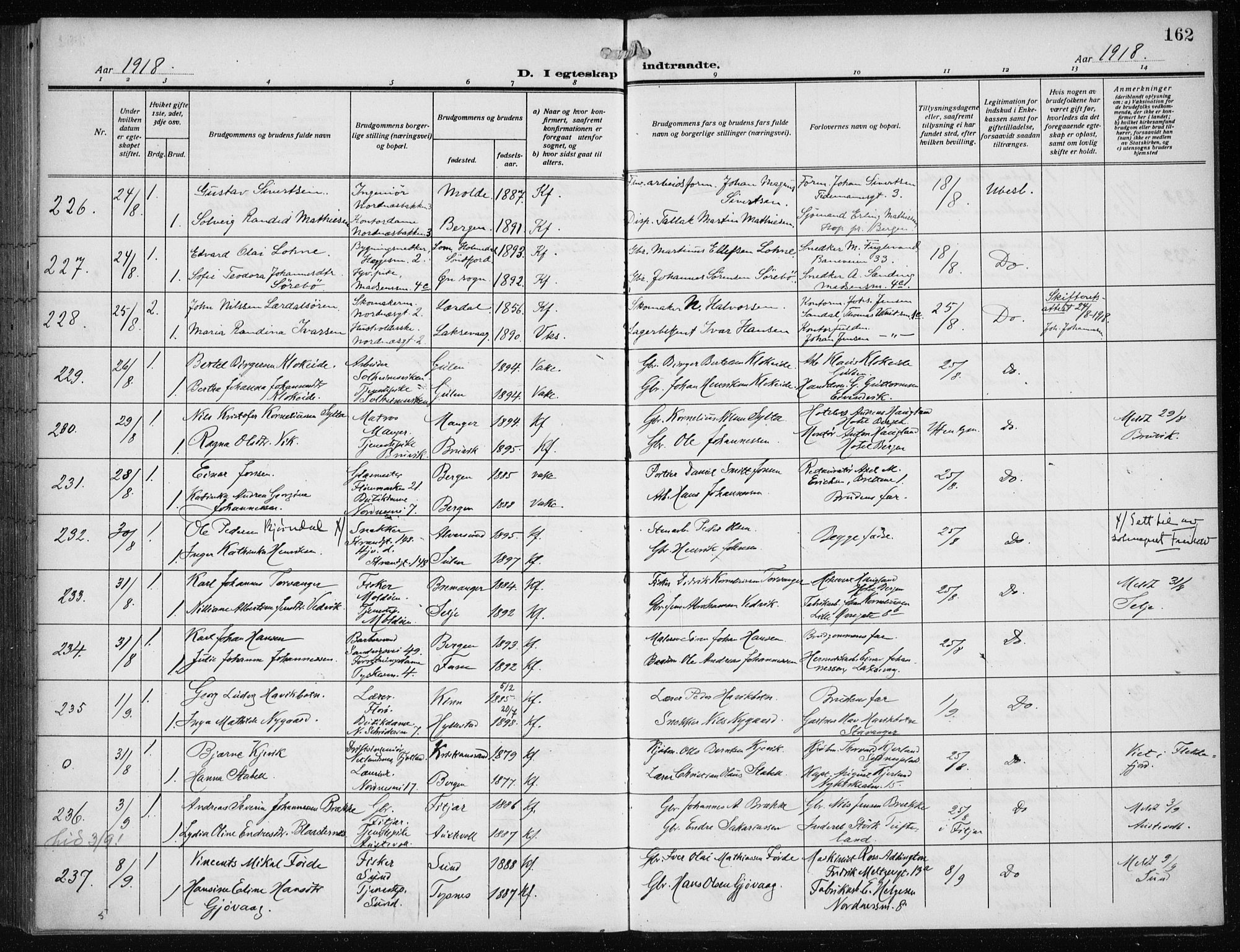 Nykirken Sokneprestembete, SAB/A-77101/H/Haa/L0036: Parish register (official) no. D 6, 1913-1918, p. 162