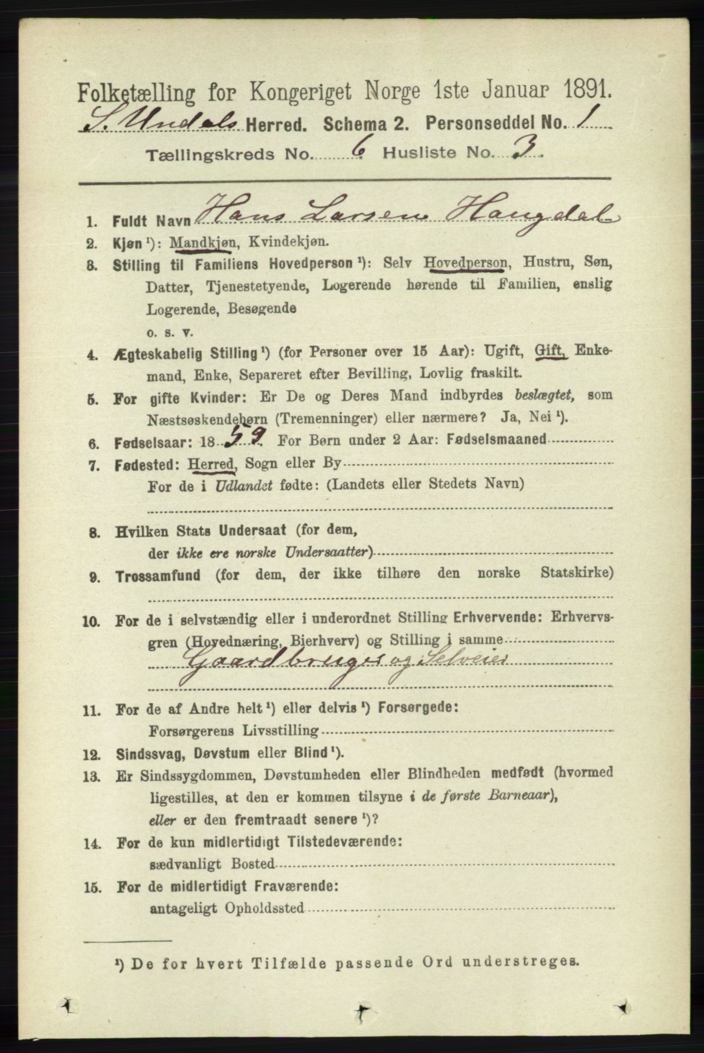 RA, 1891 census for 1029 Sør-Audnedal, 1891, p. 2298