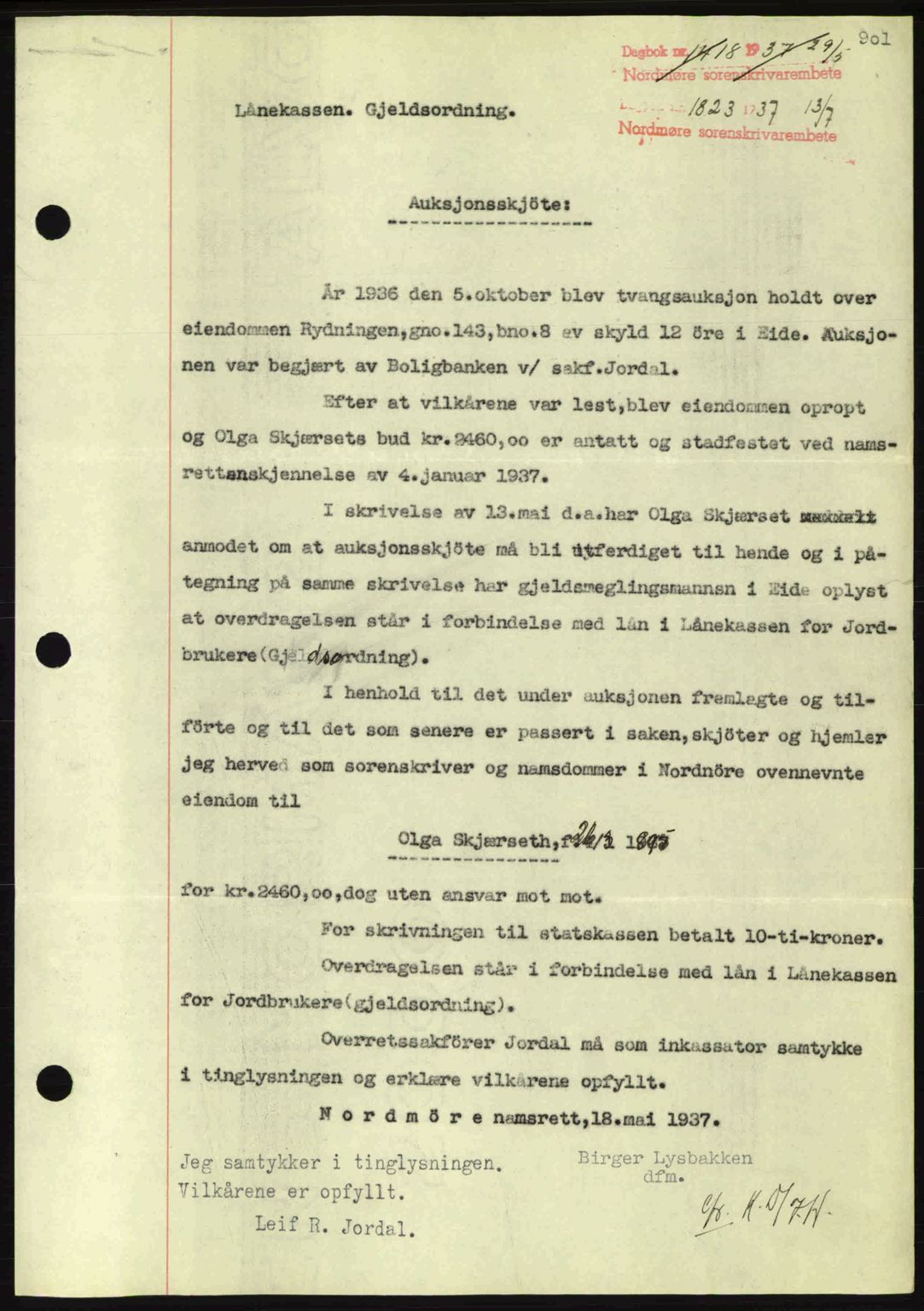 Nordmøre sorenskriveri, AV/SAT-A-4132/1/2/2Ca: Mortgage book no. A81, 1937-1937, Diary no: : 1823/1937