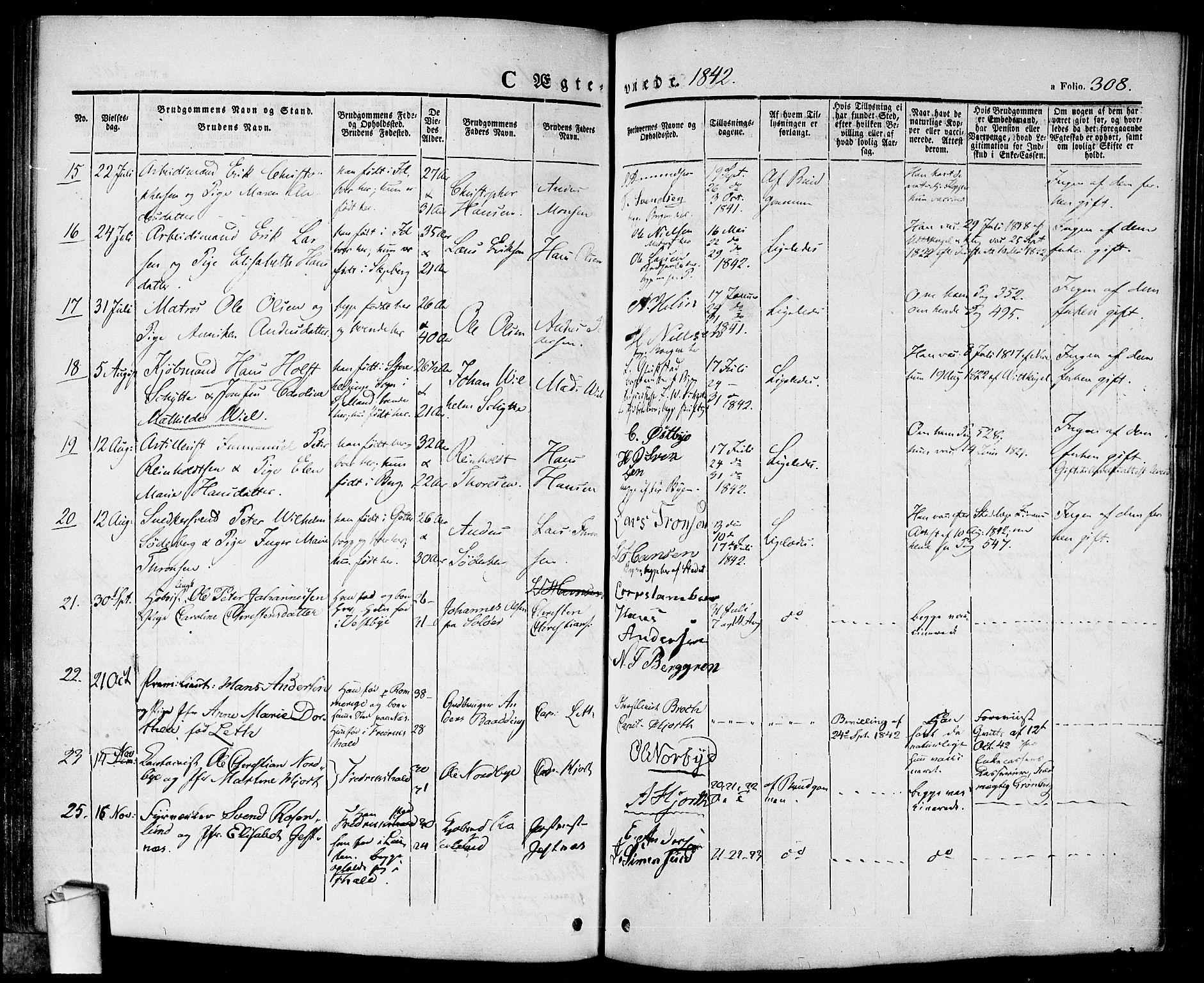 Halden prestekontor Kirkebøker, SAO/A-10909/F/Fa/L0005: Parish register (official) no. I 5, 1834-1845, p. 308