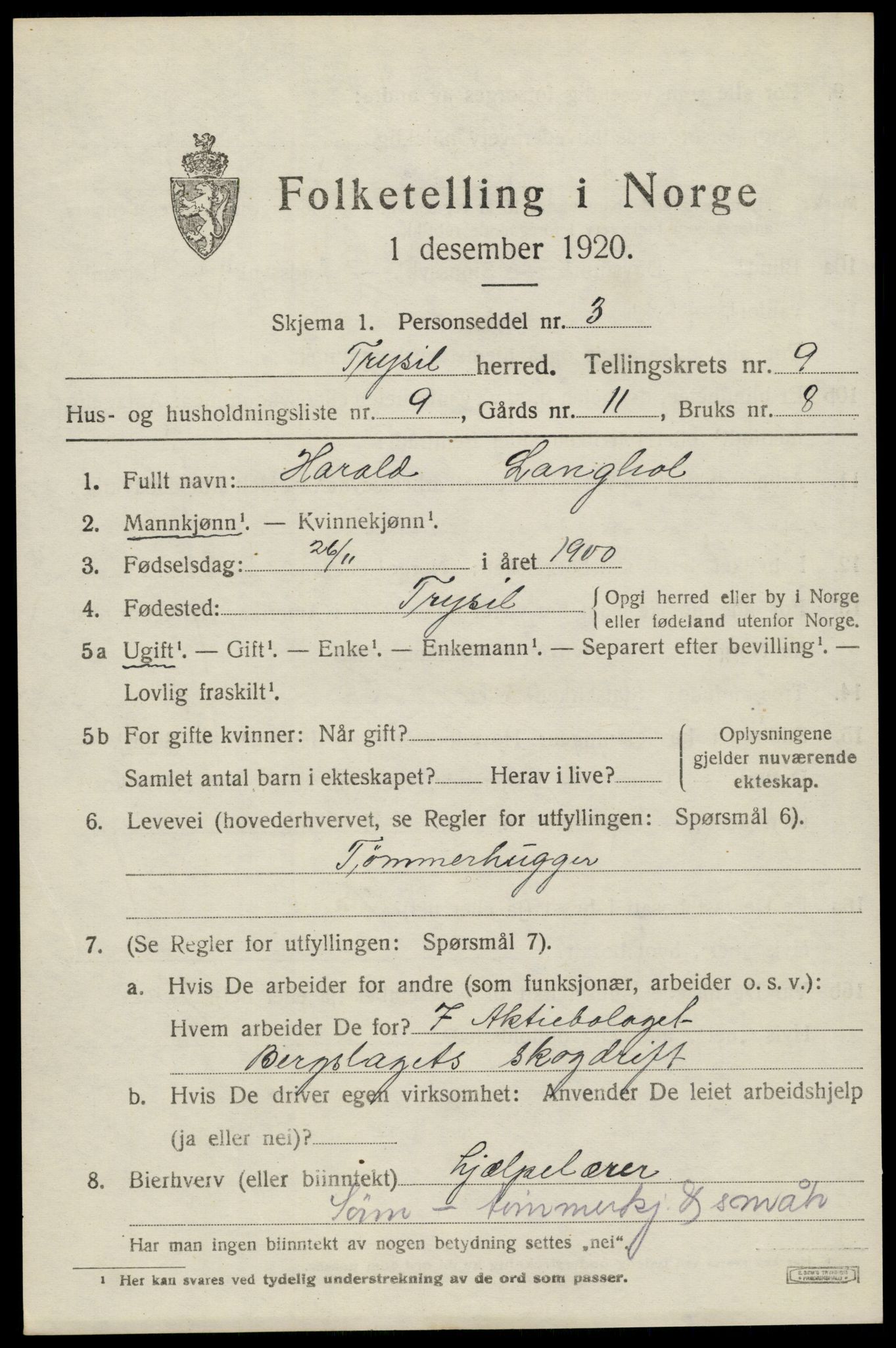 SAH, 1920 census for Trysil, 1920, p. 6647