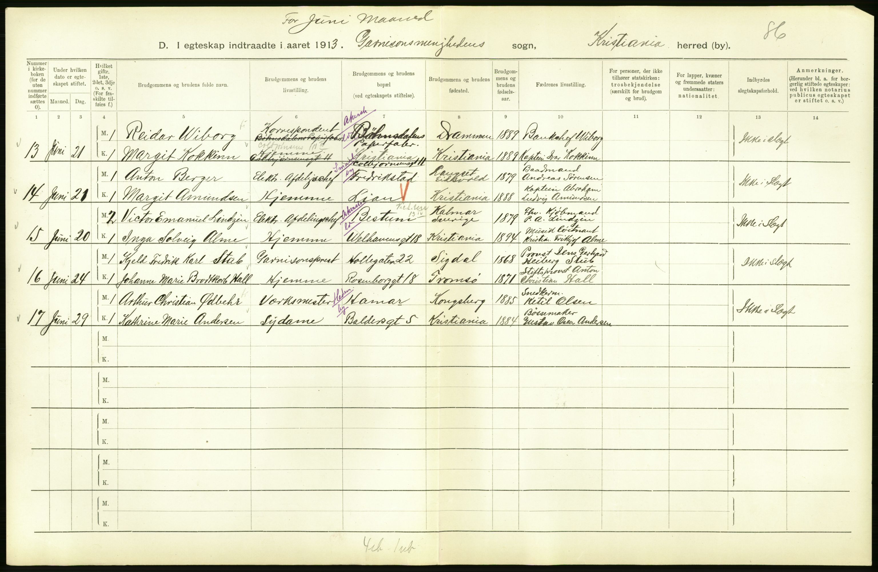 Statistisk sentralbyrå, Sosiodemografiske emner, Befolkning, AV/RA-S-2228/D/Df/Dfb/Dfbc/L0008: Kristiania: Gifte., 1913, p. 178