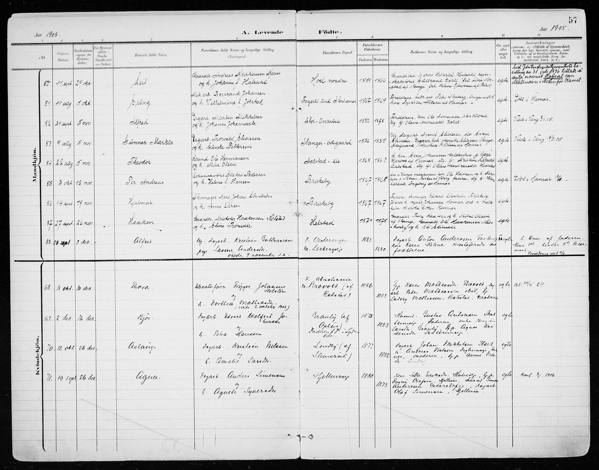 Vang prestekontor, Hedmark, AV/SAH-PREST-008/H/Ha/Haa/L0021: Parish register (official) no. 21, 1902-1917, p. 57