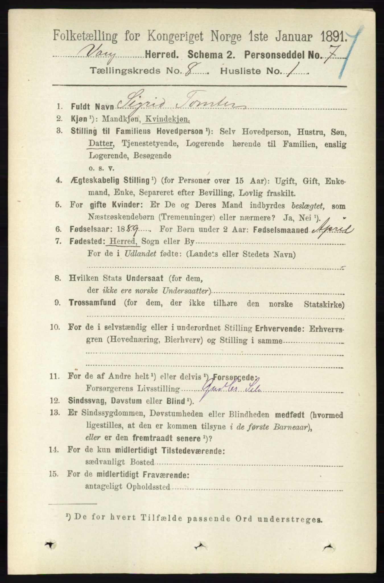 RA, 1891 census for 0414 Vang, 1891, p. 5625