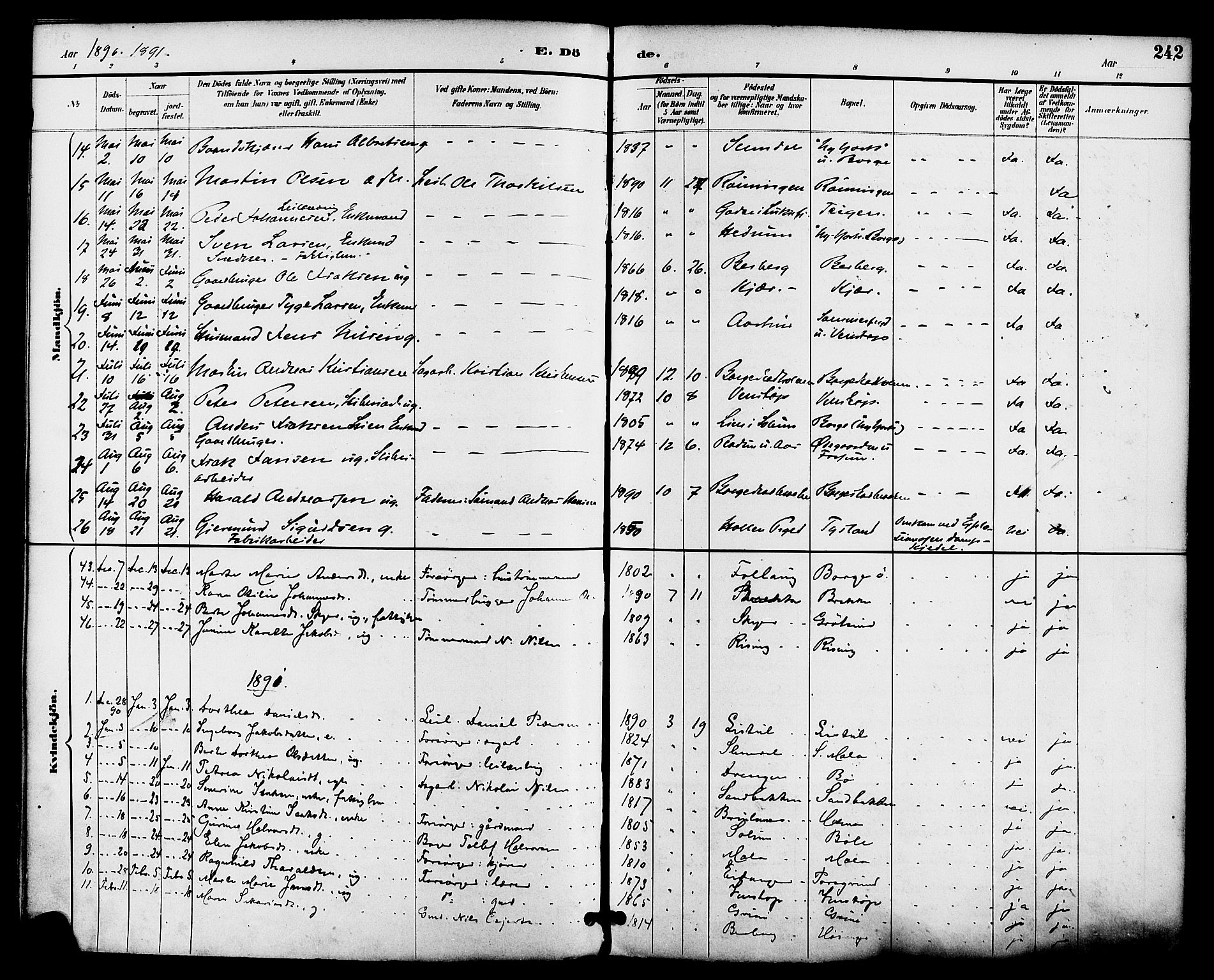 Gjerpen kirkebøker, SAKO/A-265/F/Fa/L0010: Parish register (official) no. I 10, 1886-1895, p. 242