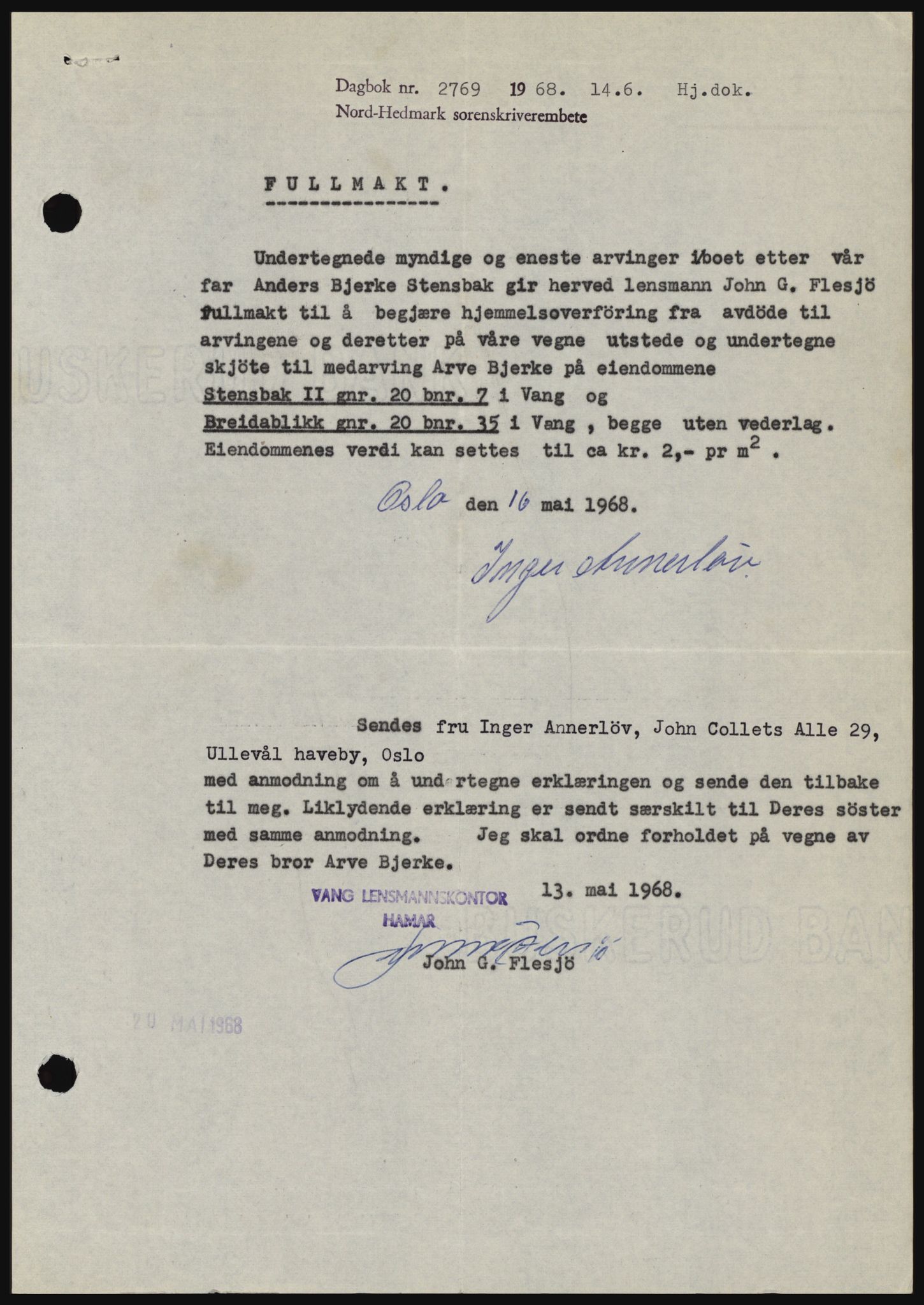 Nord-Hedmark sorenskriveri, SAH/TING-012/H/Hc/L0028: Mortgage book no. 28, 1968-1968, Diary no: : 2769/1968