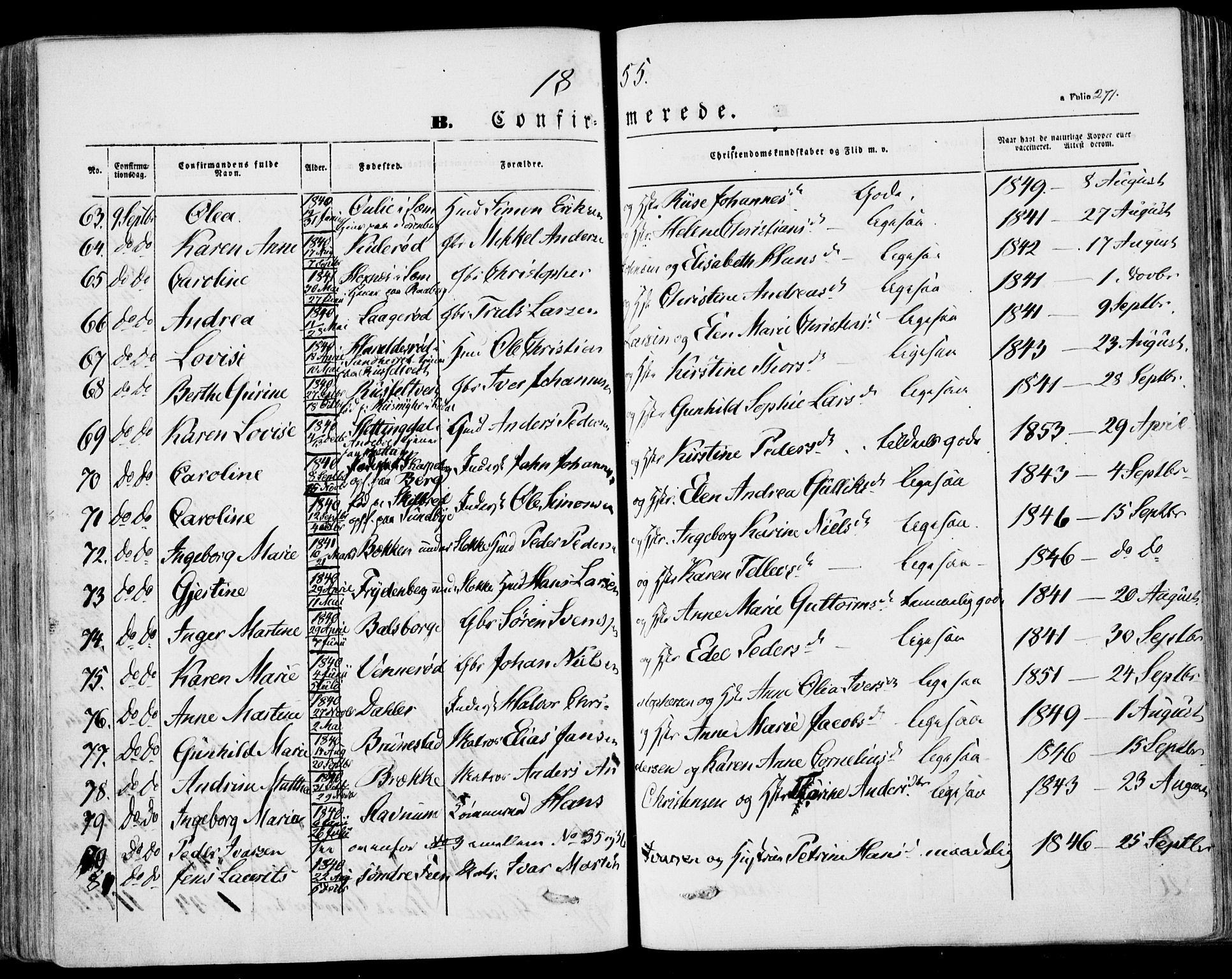 Stokke kirkebøker, AV/SAKO-A-320/F/Fa/L0007: Parish register (official) no. I 7, 1844-1857, p. 271