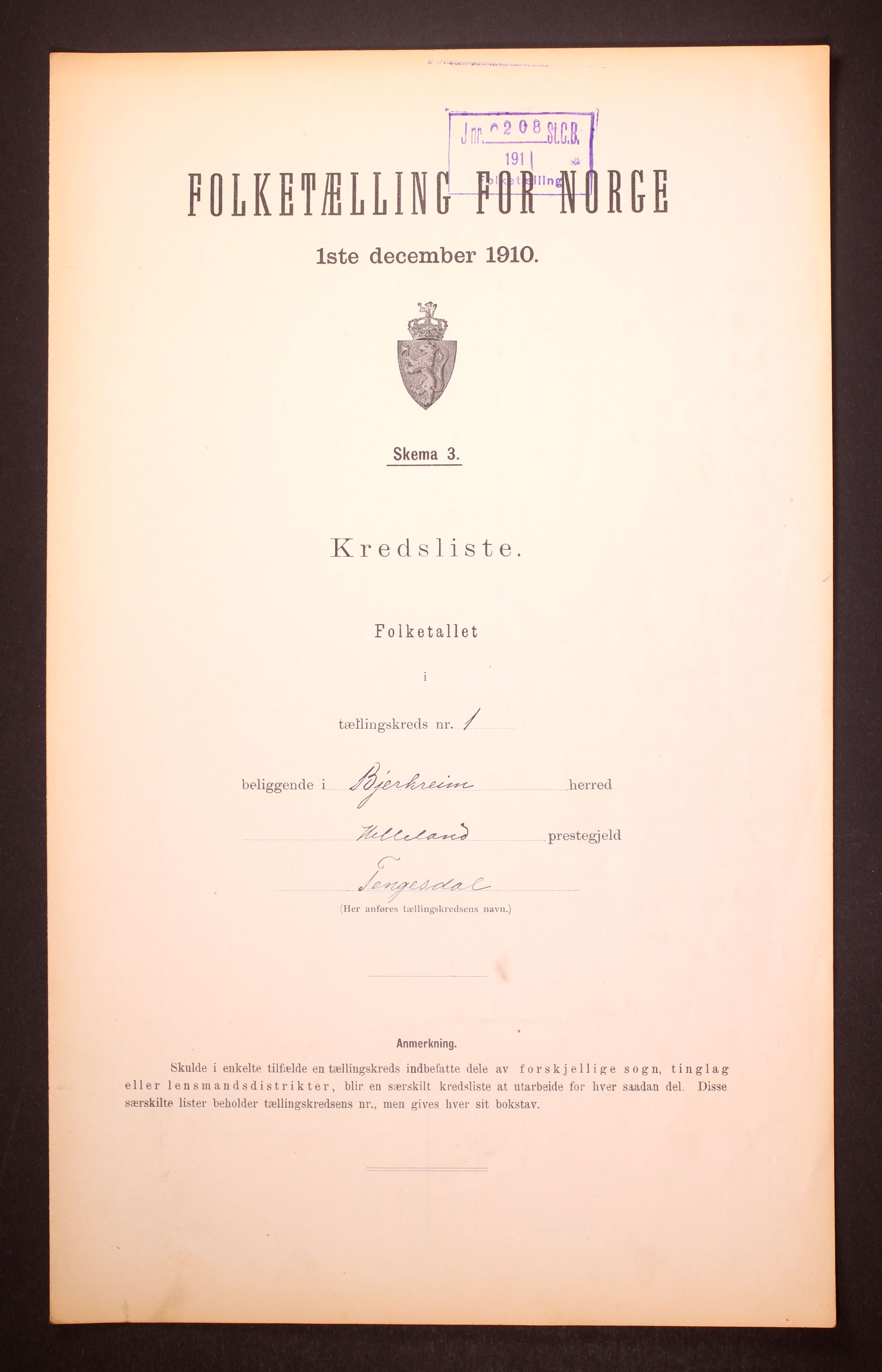 RA, 1910 census for Bjerkreim, 1910, p. 3