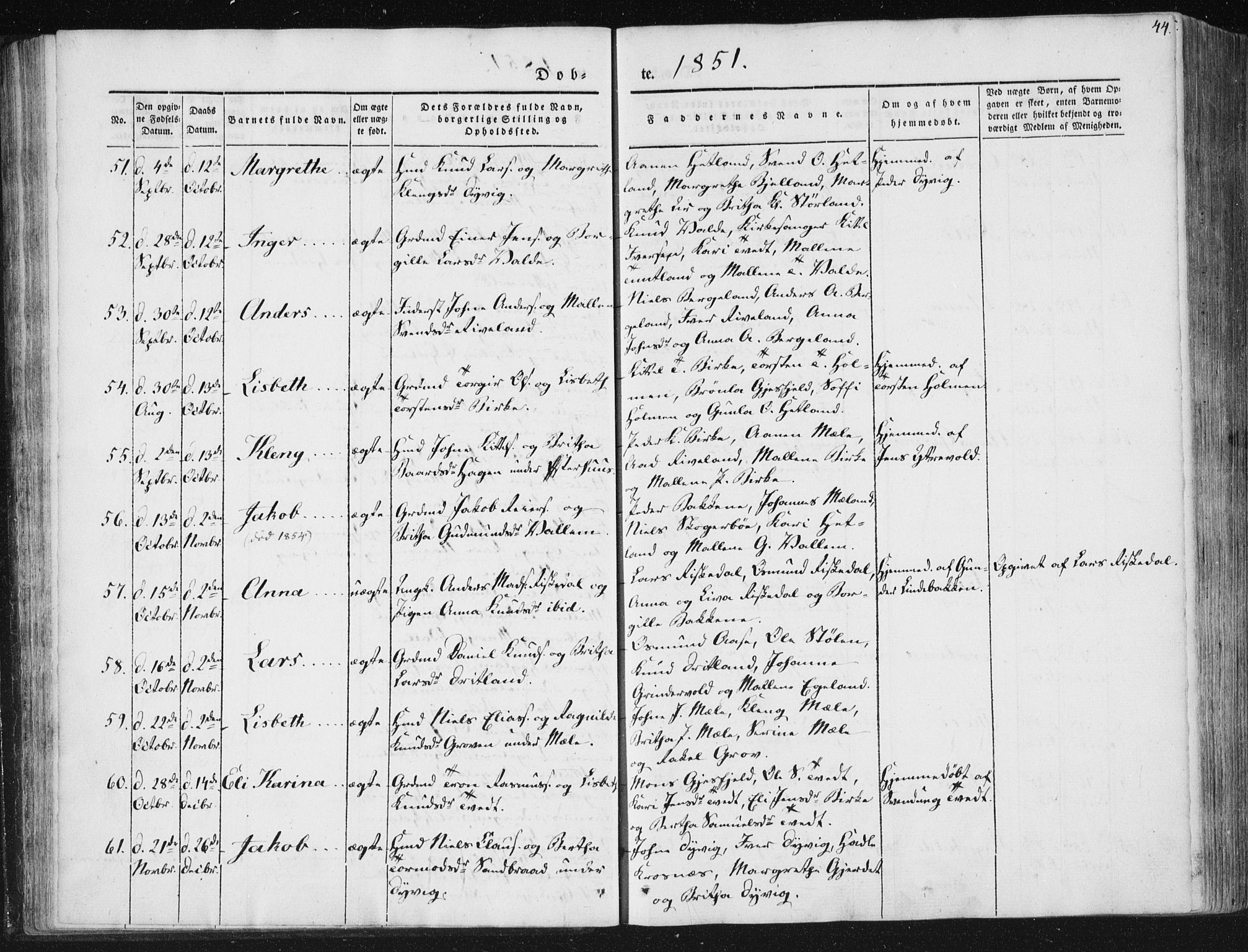 Hjelmeland sokneprestkontor, AV/SAST-A-101843/01/IV/L0008: Parish register (official) no. A 8, 1842-1861, p. 44