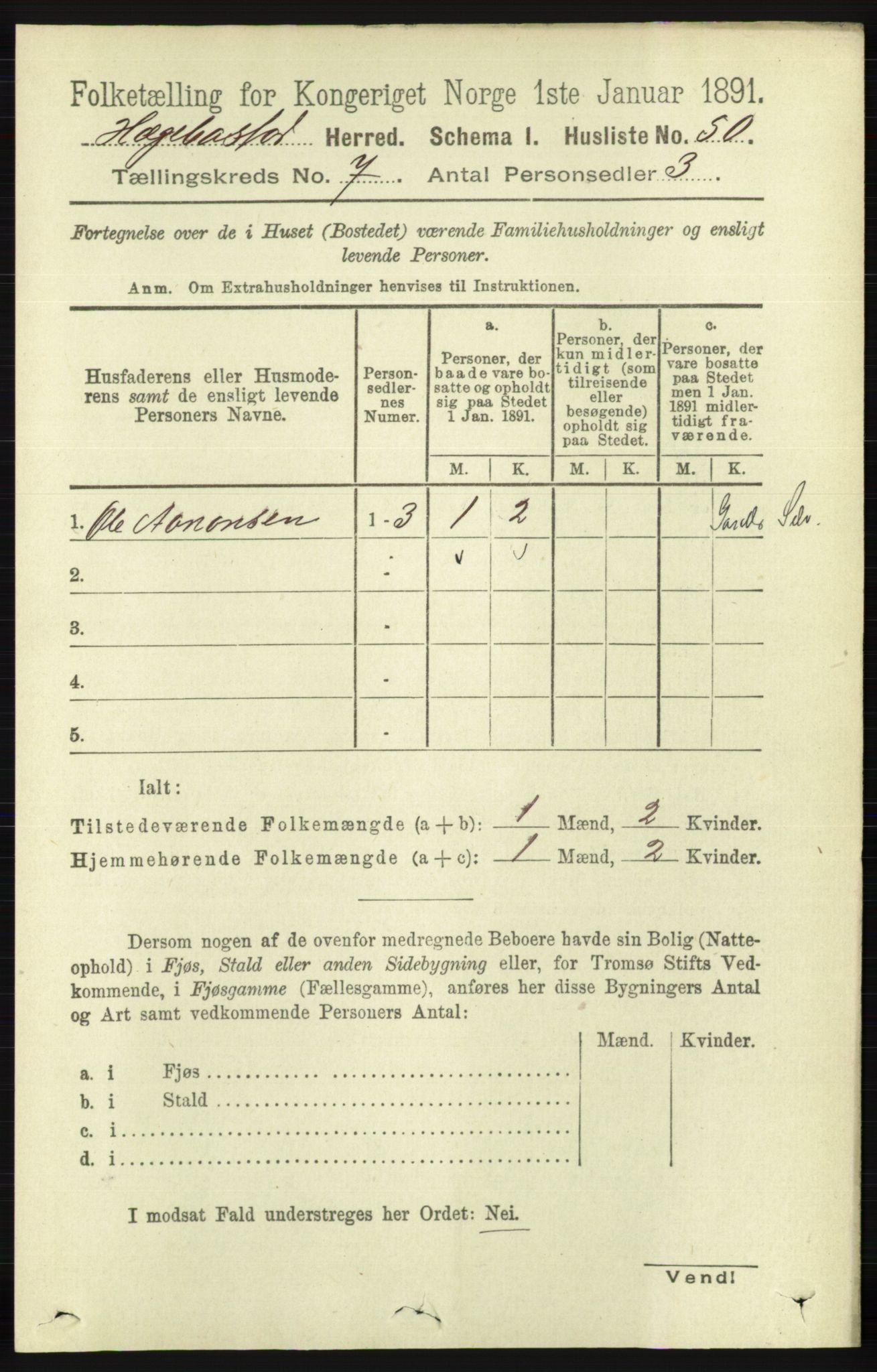 RA, 1891 census for 1034 Hægebostad, 1891, p. 2097