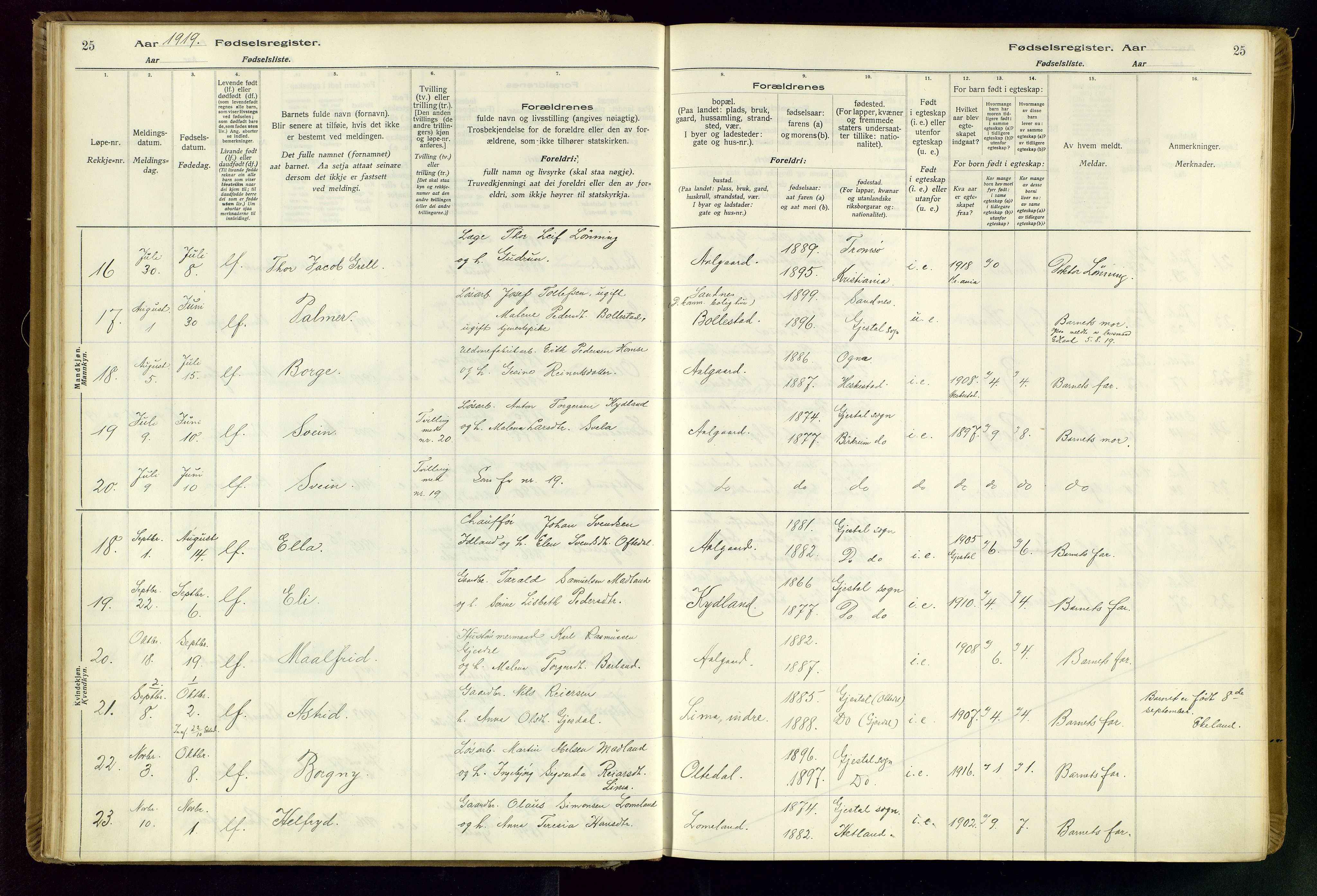 Gjesdal sokneprestkontor, SAST/A-101796/002/O/L0001: Birth register no. 1, 1916-1949, p. 25